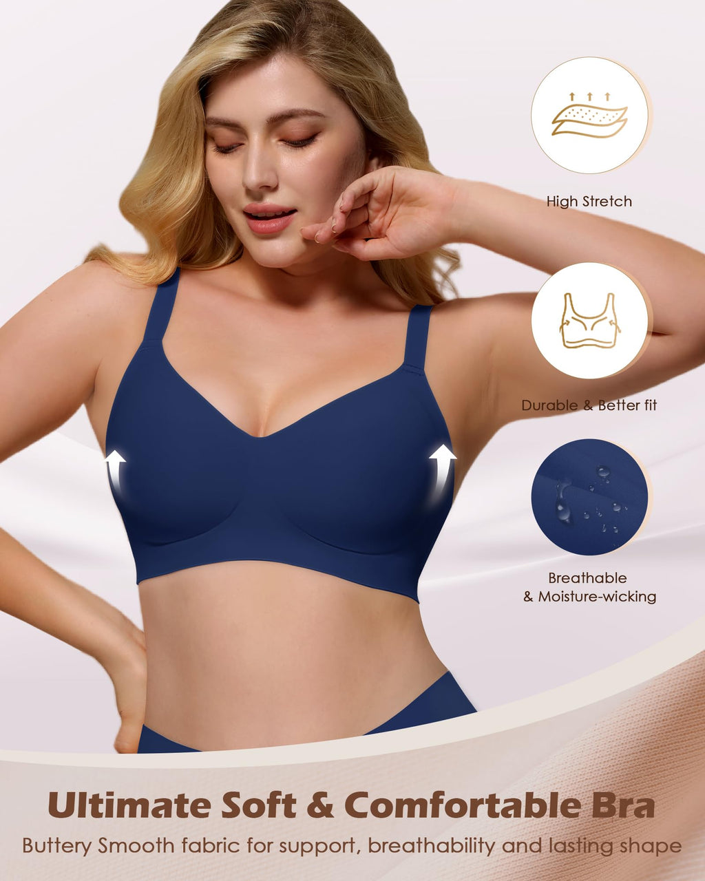 As Fairy Womens Soft Comfortable No Underwire Bras V Neck Seamless Push Up Bralettes Full Coverage Tshirt Brassiere Navy Blue 36B