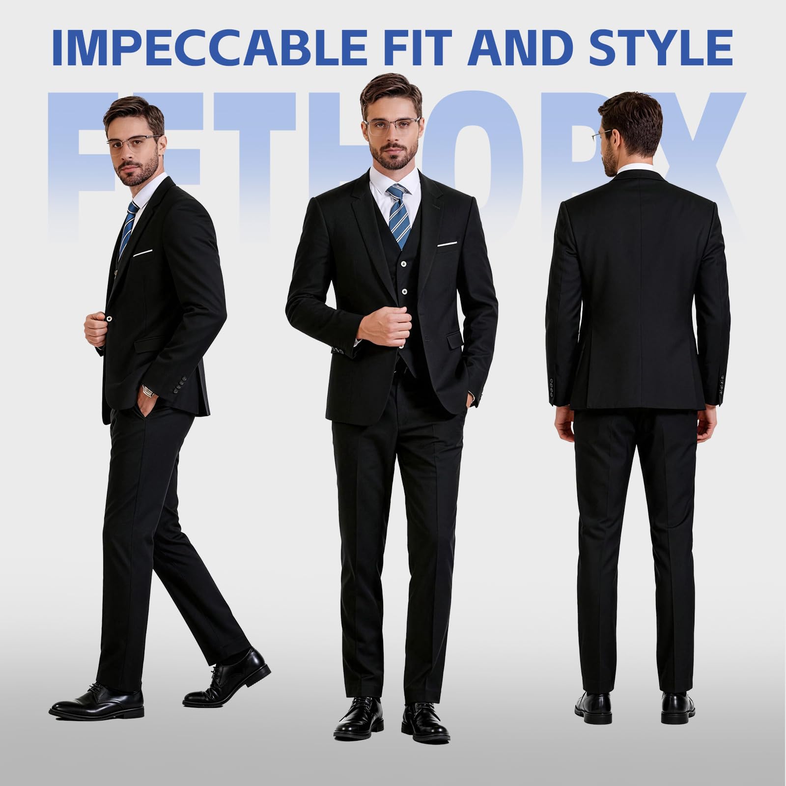 Men's Suit Set 2Pcs Slim Fit Elegant Solid Dress Blazer Pants,Formal Mens Tuxedo Set Single Breasted 2 Button for Business,Weddings,Parties,Proms,Interview,Funeral,Office(QH2501-Black-5-XL)