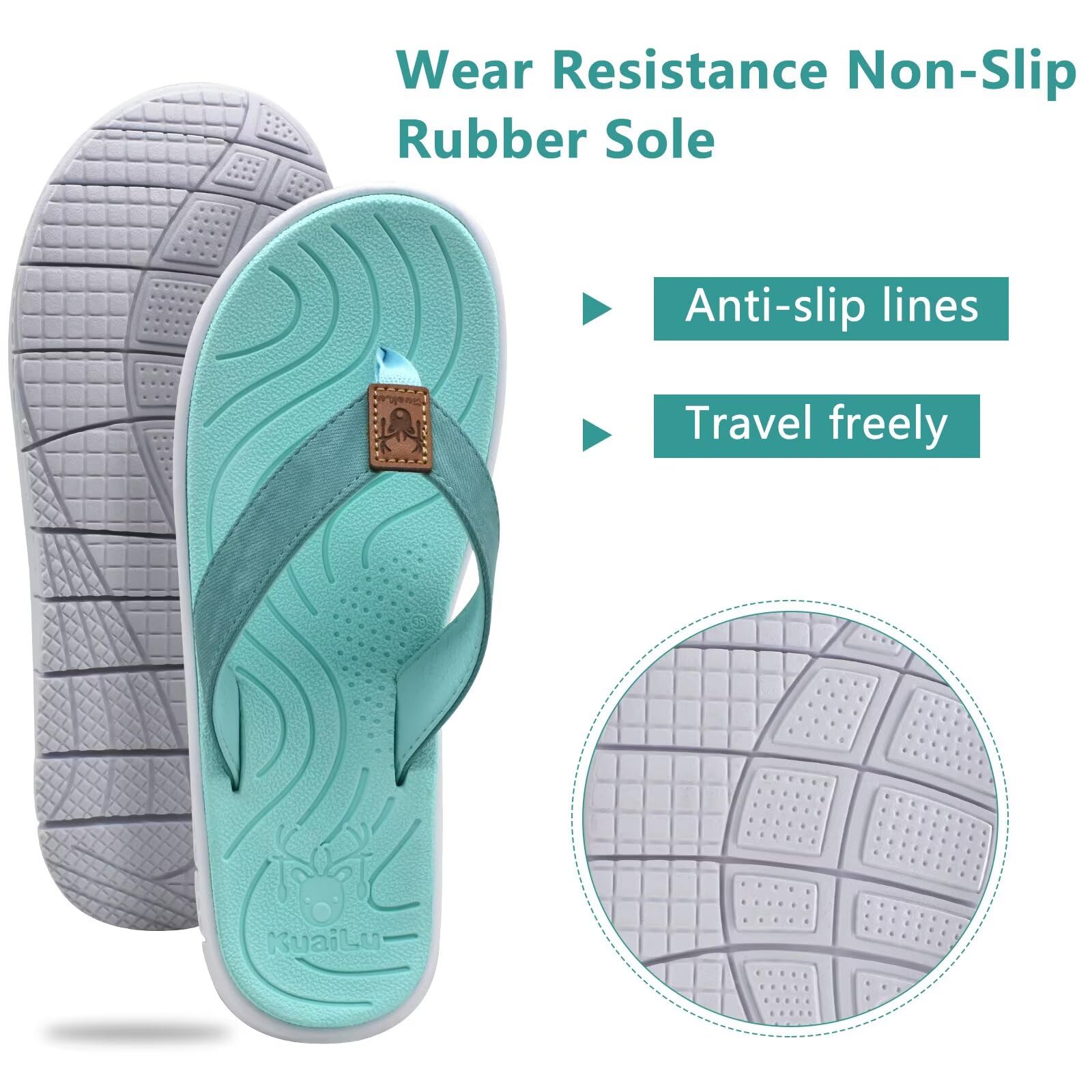 KuaiLu Casual Flip Flops for Women Comfortable Yoga Mat Arch Support Cushion Leather Slides Summer Beach Pool Outfits Flats Walking Thong Sandals Travel Essentials Orthotic Shoes Lake Blue Size 8