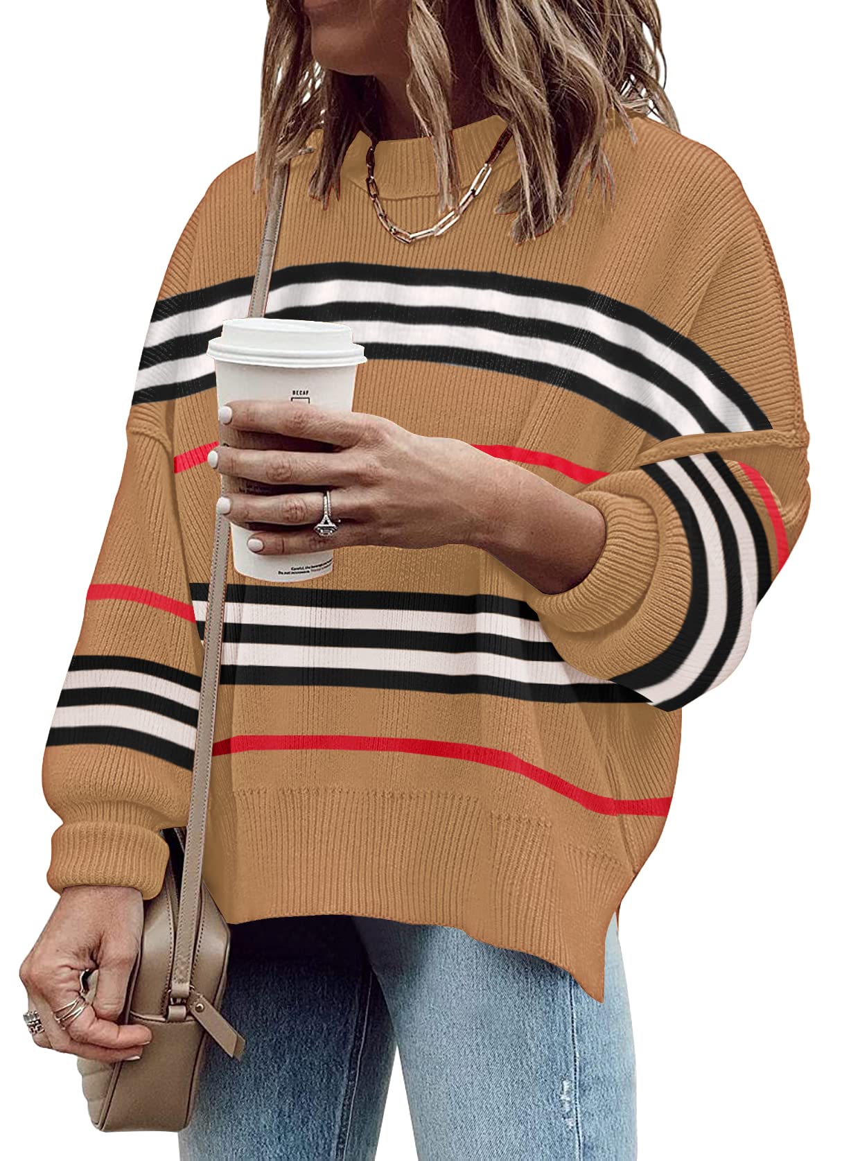 ETCYY Womens Sweaters Fall 2026 Batwing Long Sleeve Side Slit Knit Tops Crew Neck Striped Oversized Sweater Pullover,A Color Brown,Medium