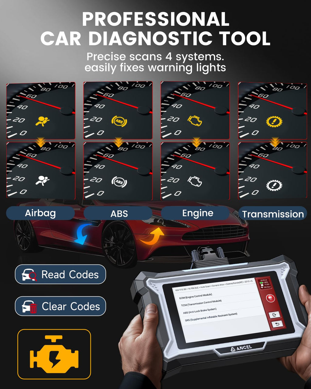 ANCEL DS100 OBD2 Scanner - ABS, SRS, Transmission & Check Engine Code Reader with 7 Reset, Oil/Brake/BMS/SAS/ETS Reset, ABS Auto Bleeding, Gear Learning, Lifetime Free Update, Online Customer Service