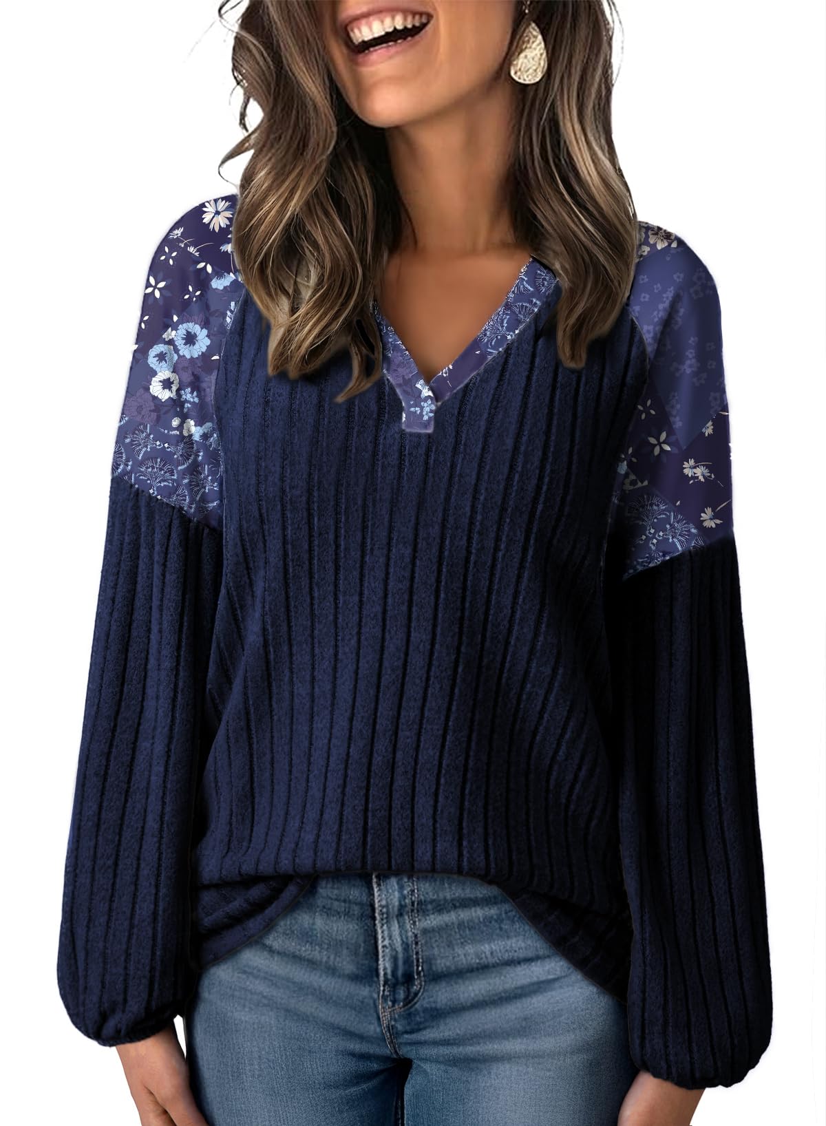 Acelitt Sweaters for Women V Neck Casual Knit Long Sleeve Tops Lightweight Pullover Clothes Fall Fashion Outfits 2025 Winter Clothing Blue Medium