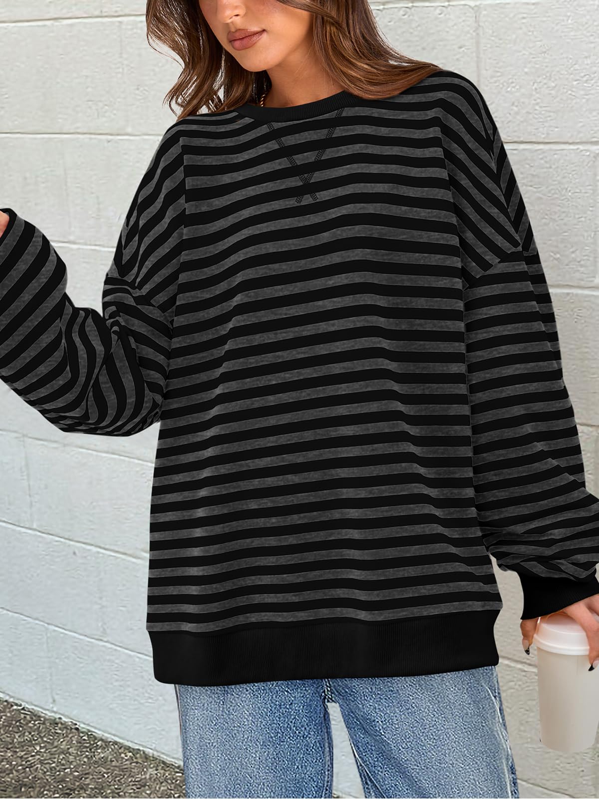 PRETTYGARDEN Women Striped Oversized Sweatshirt Color Block Crew Neck Long Sleeve Casual Pullover Top Spring Y2K Clothes (Black Dark Grey, Small)