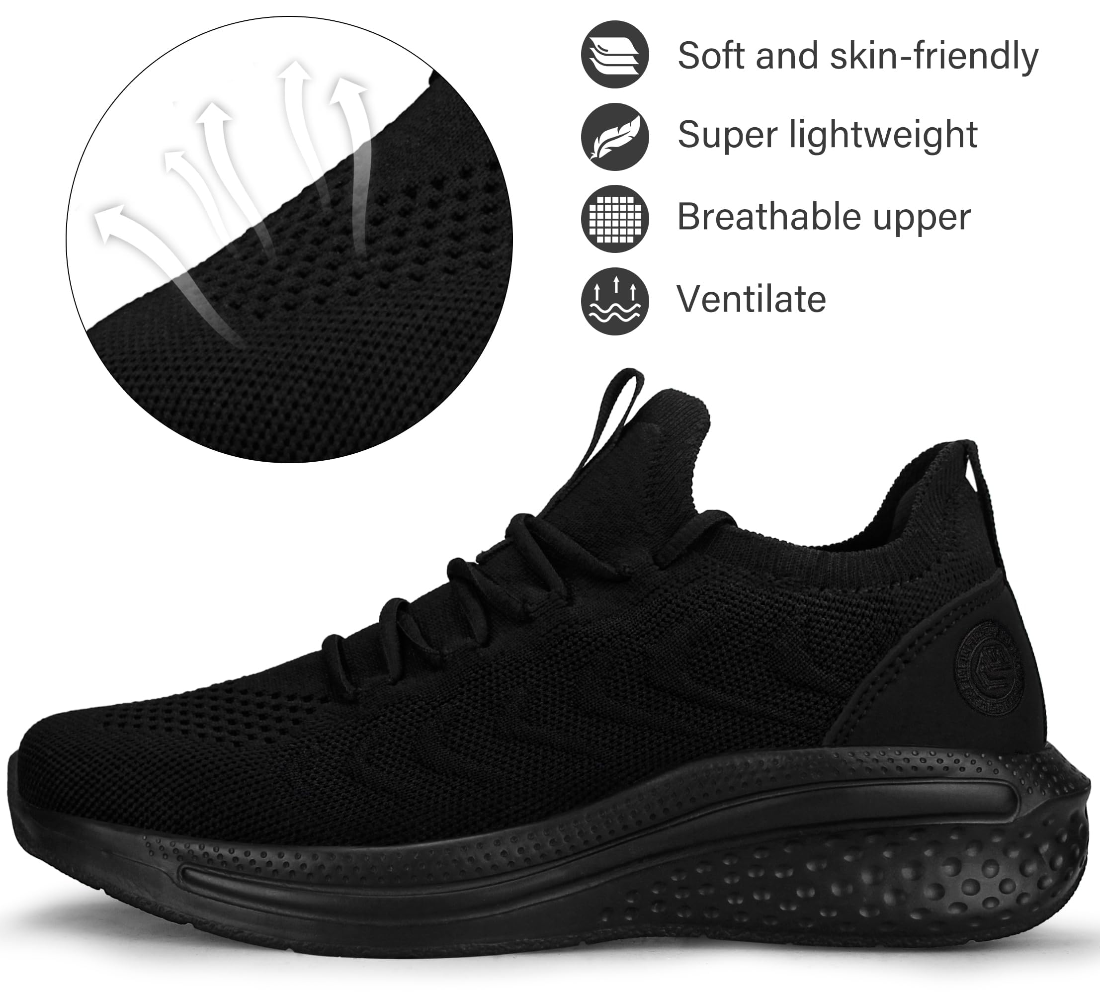 Pujcs Slip on Sneakers Mens Tennis Shoes Work Shoes Lightweight Walking Sneakers Running Shoes for Gym Sports Atheletic Workout All Black Size 9