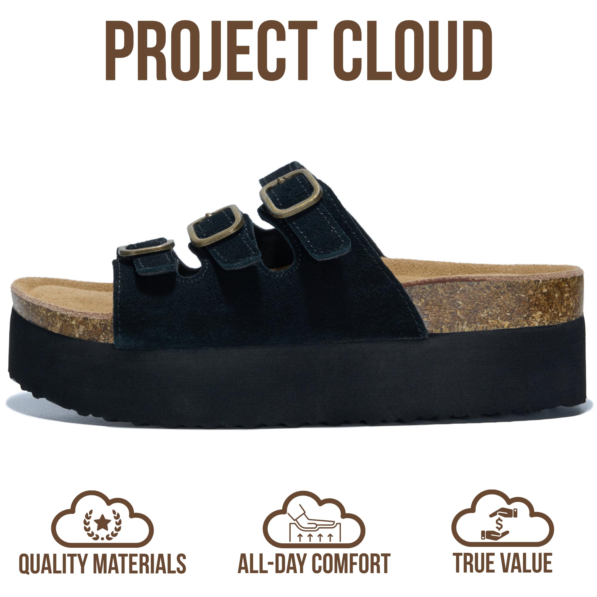 Project Cloud 100% Genuine Leather Platform Sandals Women Footwear - Comfortable Womens Slides Memory Foam Insole - Non Slip Water-Resistant 3-Strap Wedge Sandals for Women 2026 (Dyan, Black, 7)