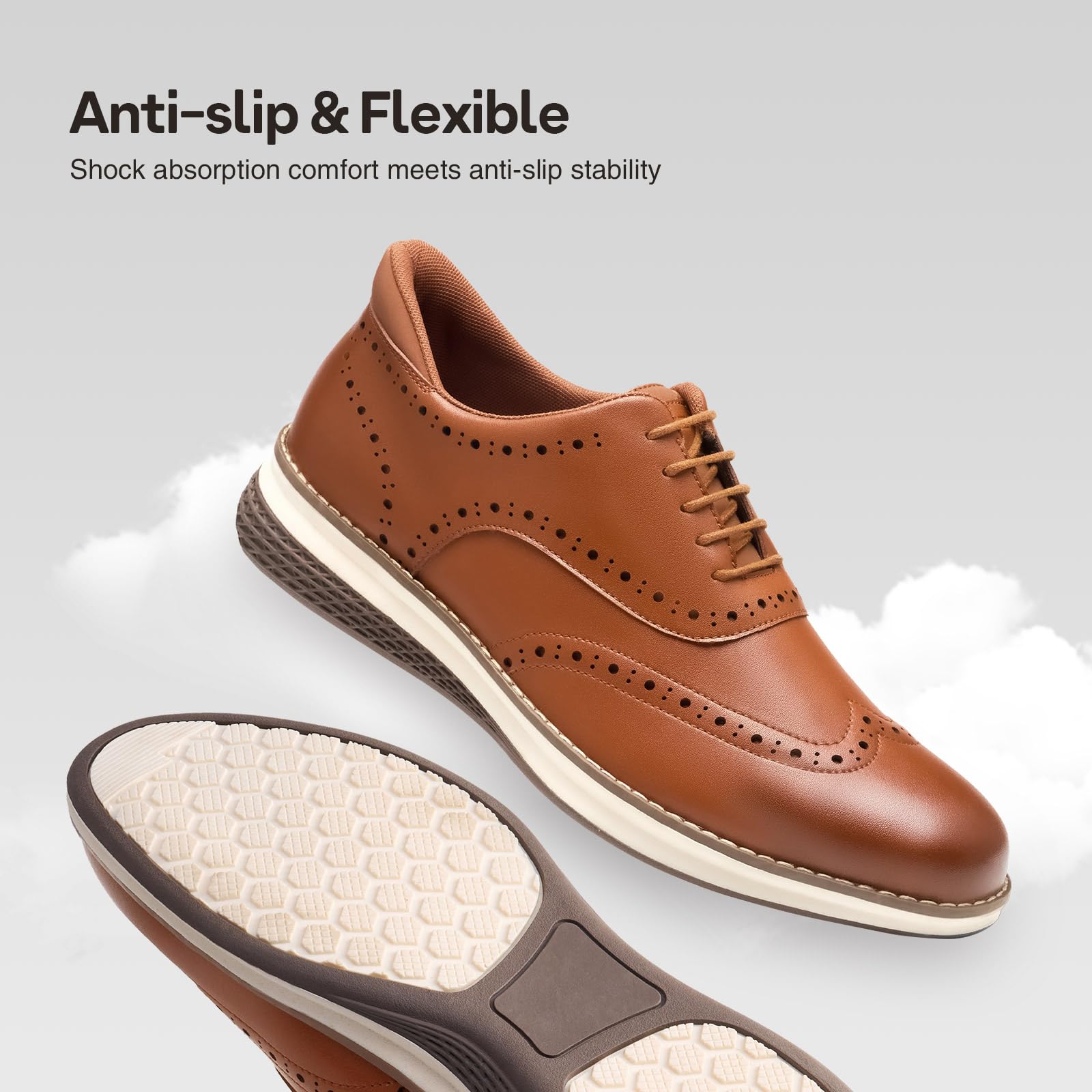 HEEZ Men's Dress Sneakers, Casual Dress Shoes for Men Comfortable, Wingtip Business Formal Oxfords Shoes for Office Work Wedding Travel Daily Brown