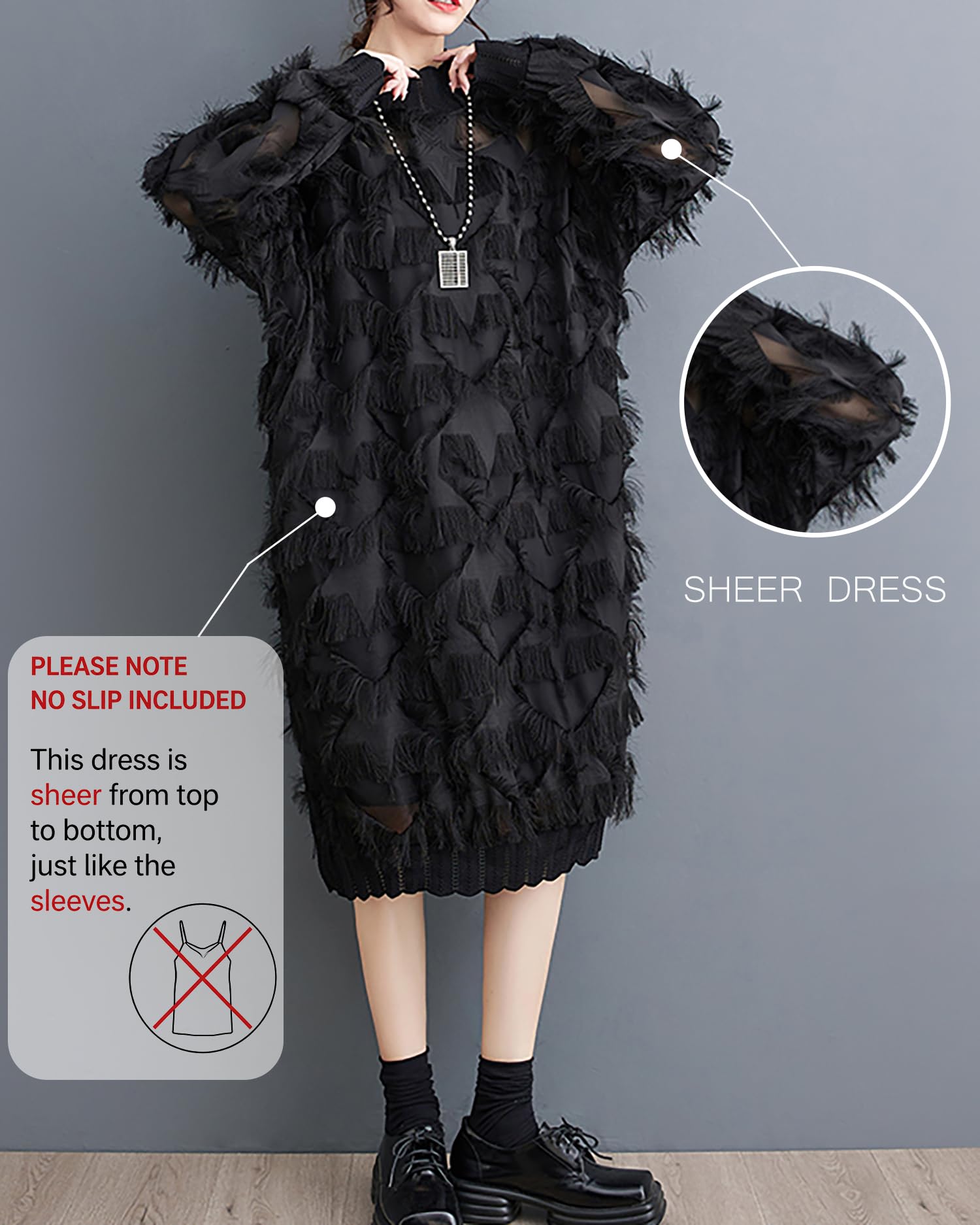ellazhu Women's Dress Long Sleeve Oversize Split Hem Mesh Midi Length Tassel Solid GZ634 Black