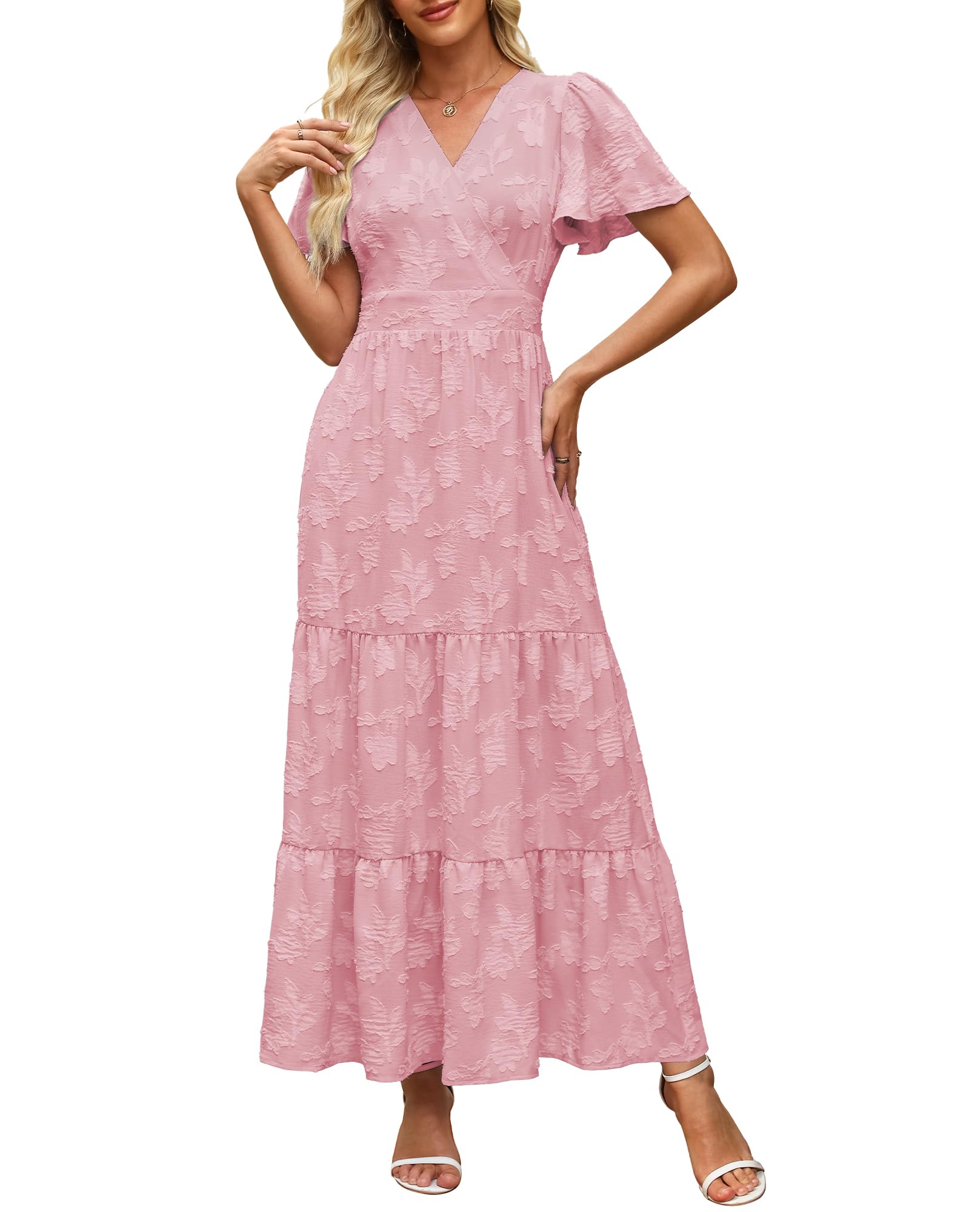 Womens Boho Floral Maxi Dress Elegant Wrap V Neck Short Flutter Sleeve Flowy Tiered A Line Summer Beach Wedding Guest Dresses (US, Alpha, Large, Regular, Regular, Pink)