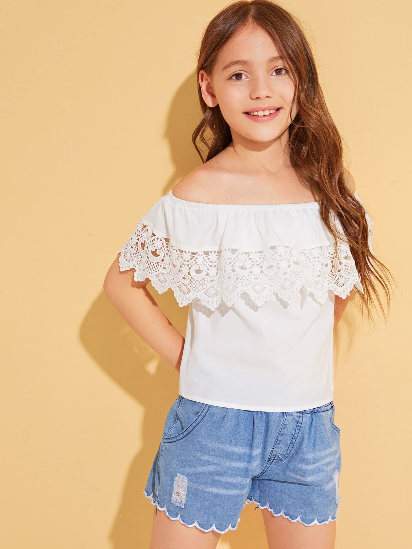 WDIRARA Girl's Off The Shoulder Ruffle Trim Lace Short Sleeve Blouse Top White 11-12Y