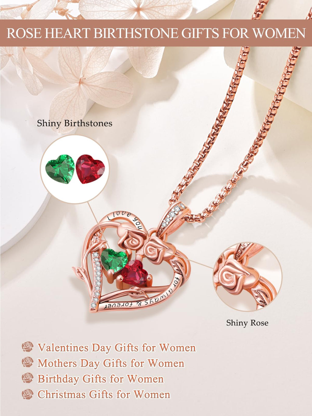 JIYVY32 Emerald Ruby Necklace May July Birthstone Necklace Jewelry Rose Heart Birthstone Necklaces for Women Gifts for Wife Girlfriend Mothers Gifts for Mom