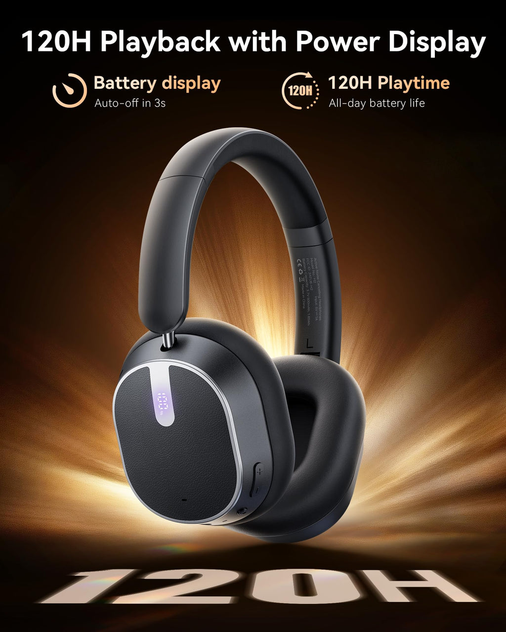 Active Noise Cancelling Headphones,120H Playtime Bluetooth 6.0 Wireless Headphones with Power Display & 6-Mic ENC Calls, 360° Spatial Audio Over Ear Headphones Foldable Headset for Travel Office Game