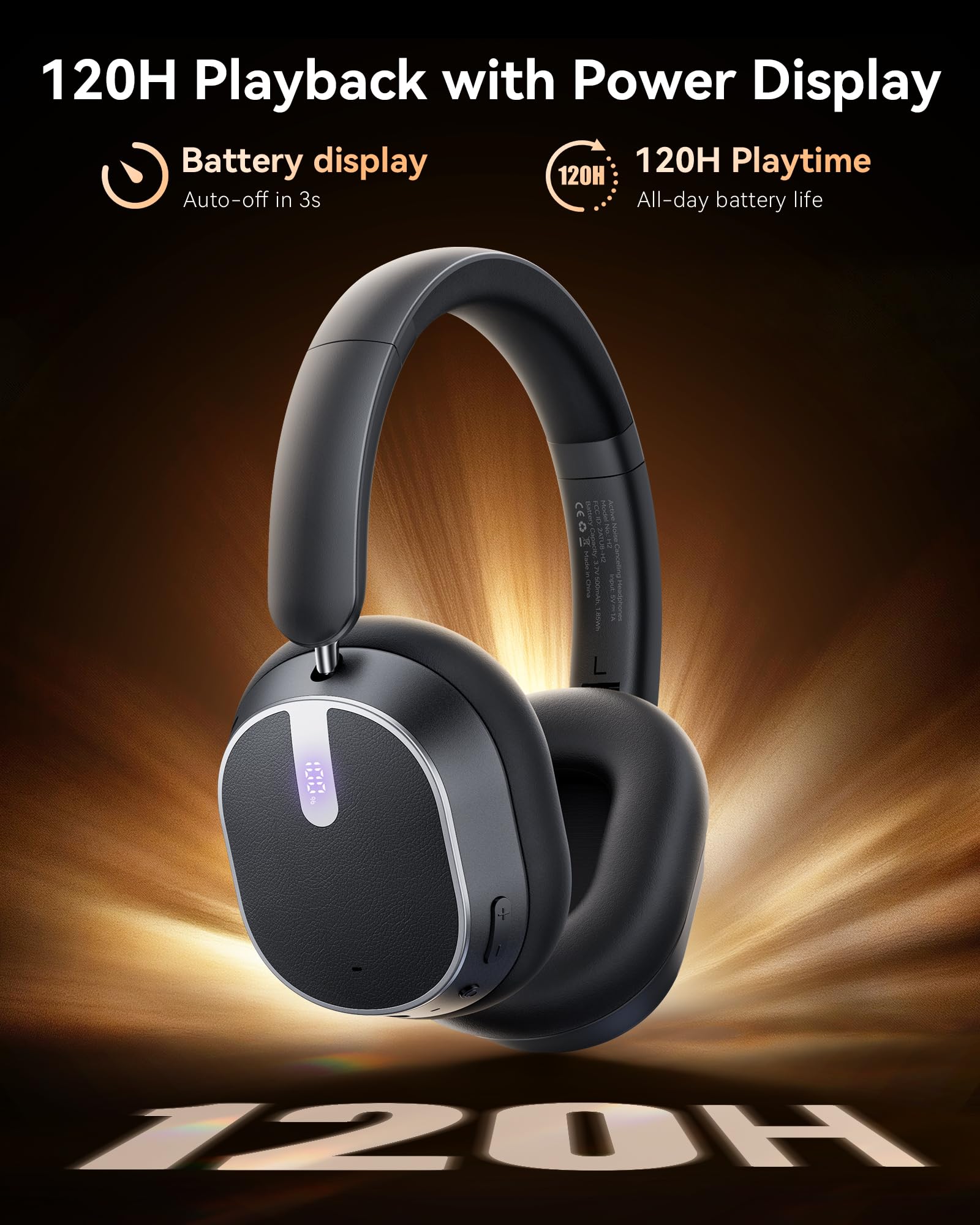 Active Noise Cancelling Headphones,120H Playtime Bluetooth 6.0 Wireless Headphones with Power Display & 6-Mic ENC Calls, 360° Spatial Audio Over Ear Headphones Foldable Headset for Travel Office Game