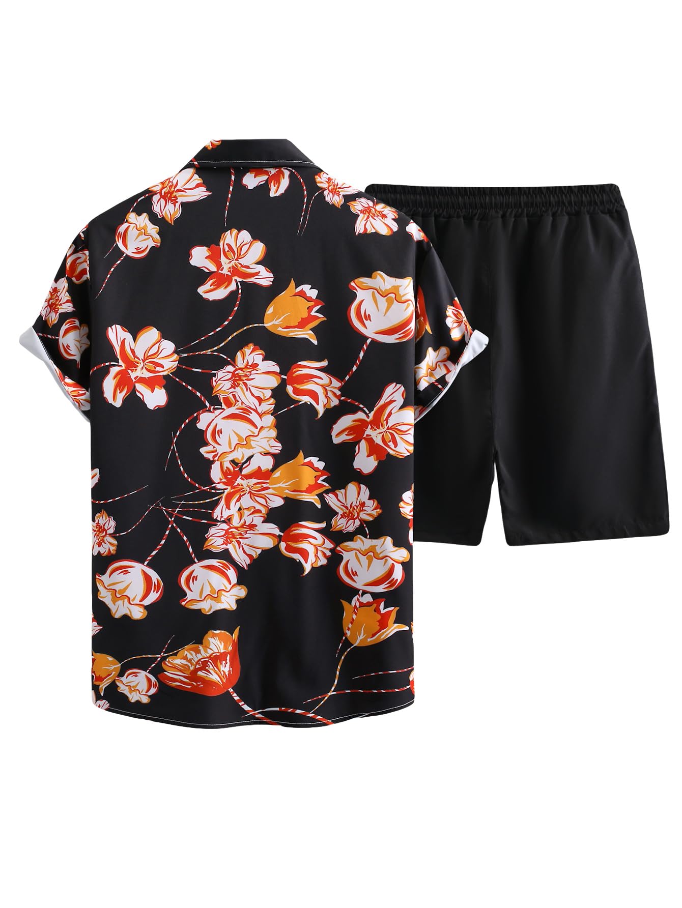 GORGLITTER Men's Vacation Beach Cruise Summer Outfits 2 Piece Shorts Set Hawaiian Button Down Shirt and Shorts Black Multi Large