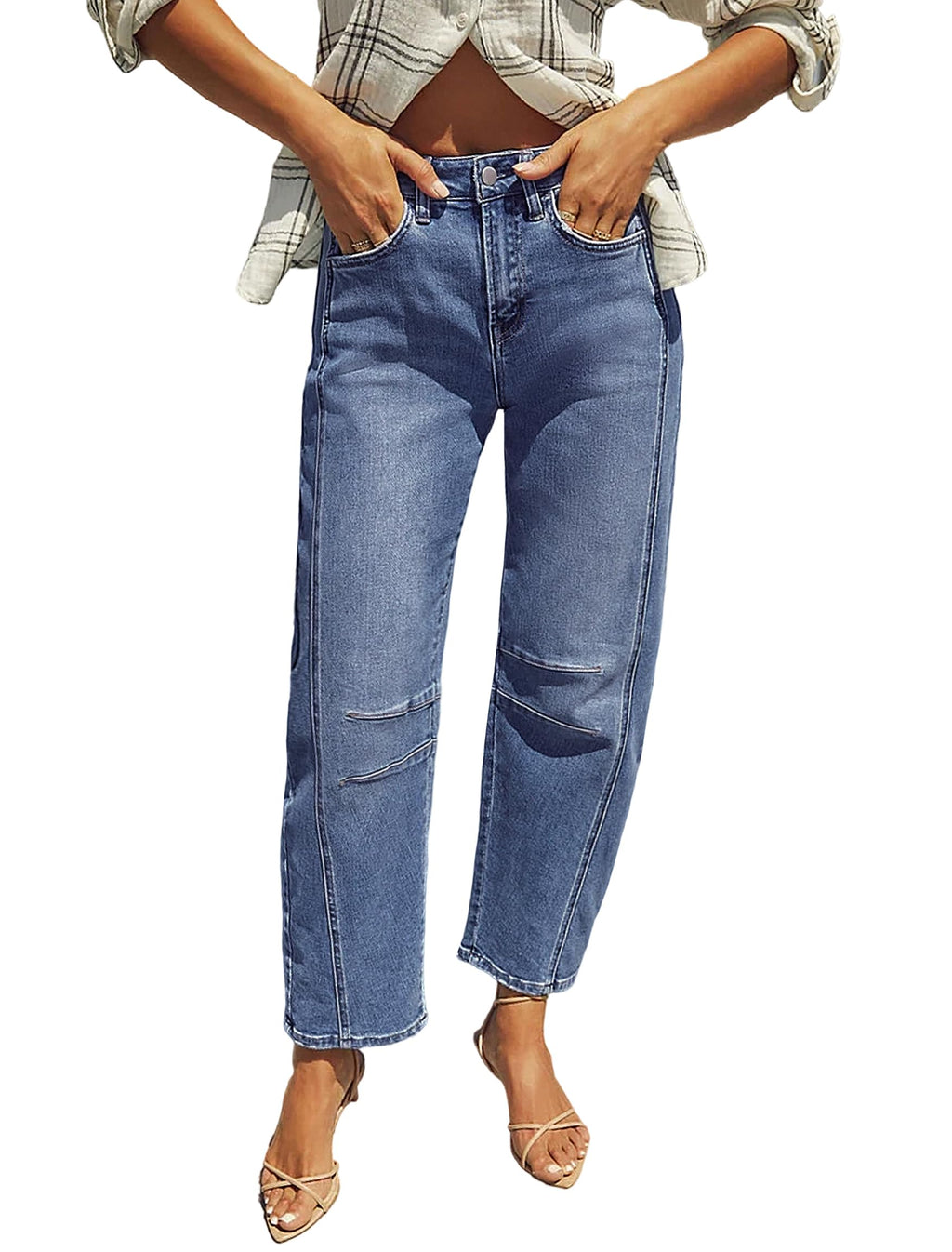 IWD Baggy Barrel Jeans for Women Trendy Vintage High Waisted Wide Leg Boyfriend Y2K Denim Ankle Pants with Pockets Medium Blue Small