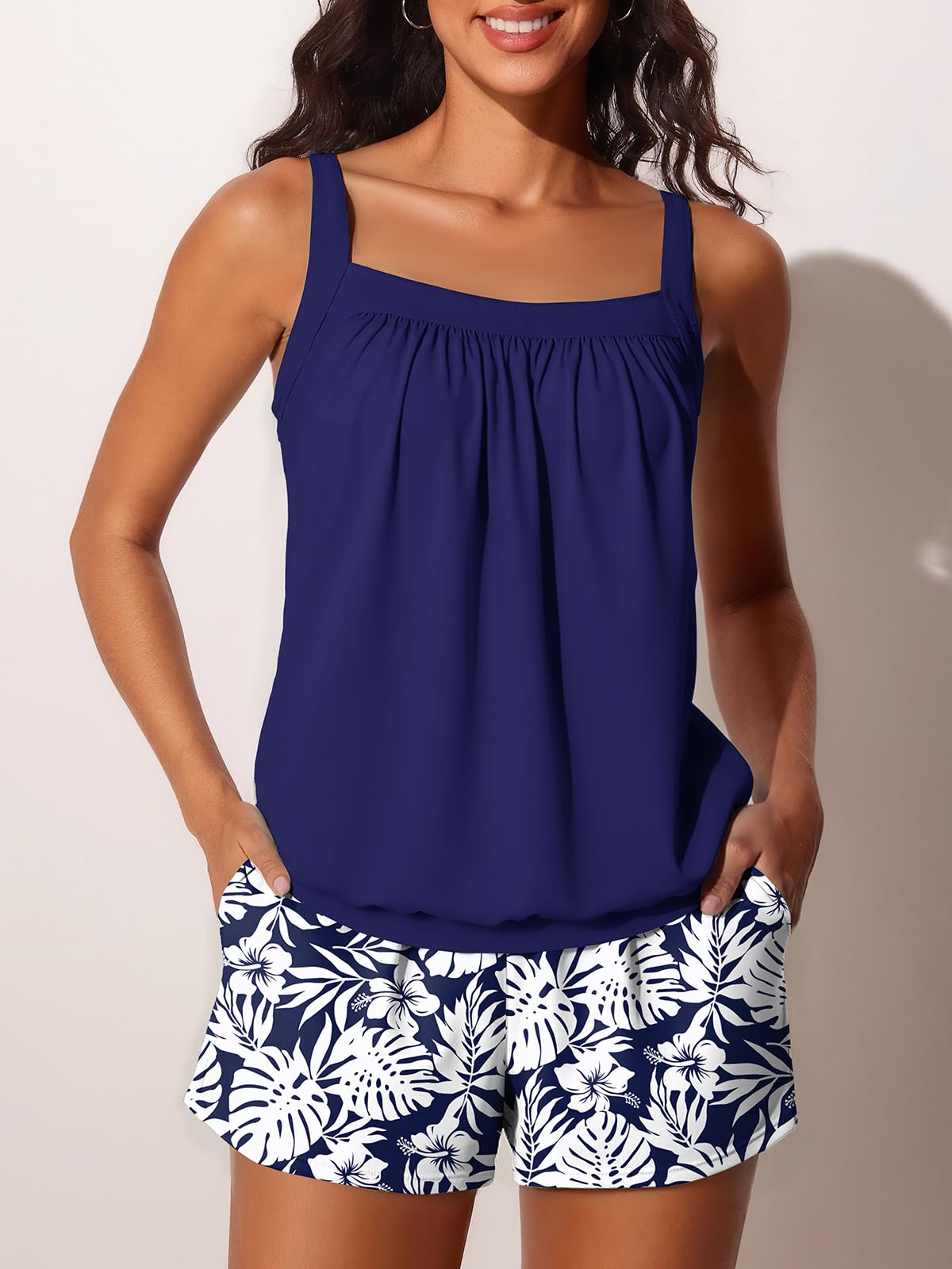 Summer Mae Blouson Womens Tankini Swimsuits 2026 Modest Tummy Control Bathing Suits Swim Shorts with Pockets for Beach Monstera Leaf Silhouette Size 16