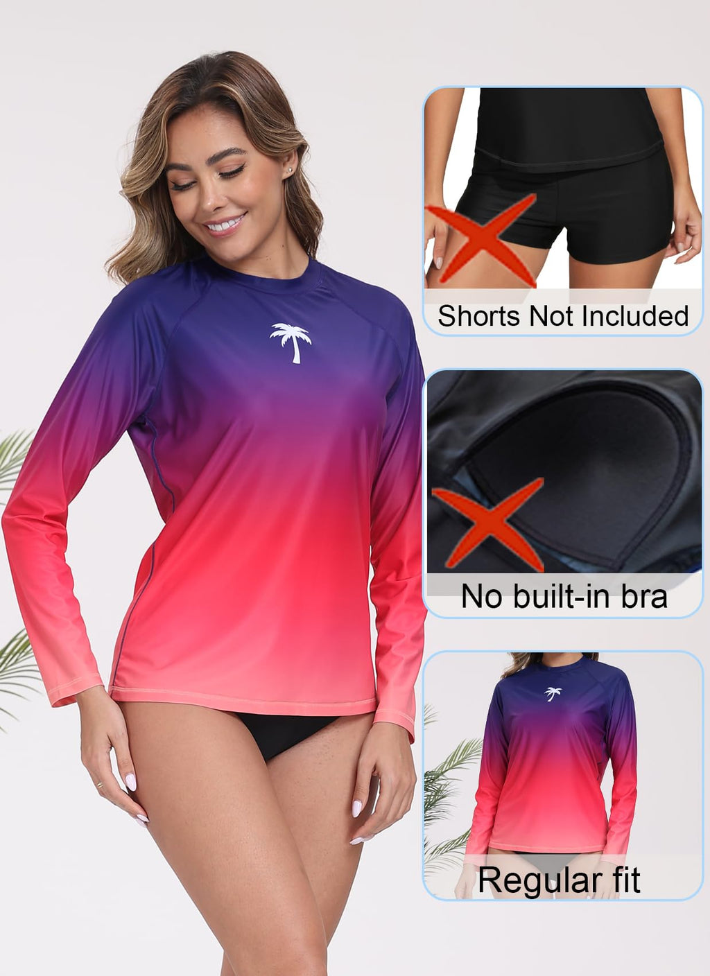Halcurt Women's Long Sleeve Rash Guard Swim Shirts Quick Dry UPF50+ UV Sun Protection Swimsuit Top Ombre Red M