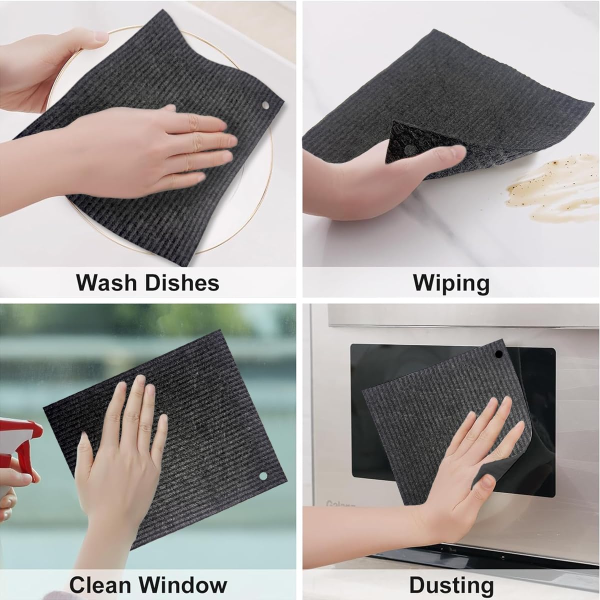 Spunspon 6 - Pack Swedish Kitchen Dish Cloths - Reusable Paper Towels for Counters & Dishes - Eco Friendly Cellulose Sponge Cloth - (Black)