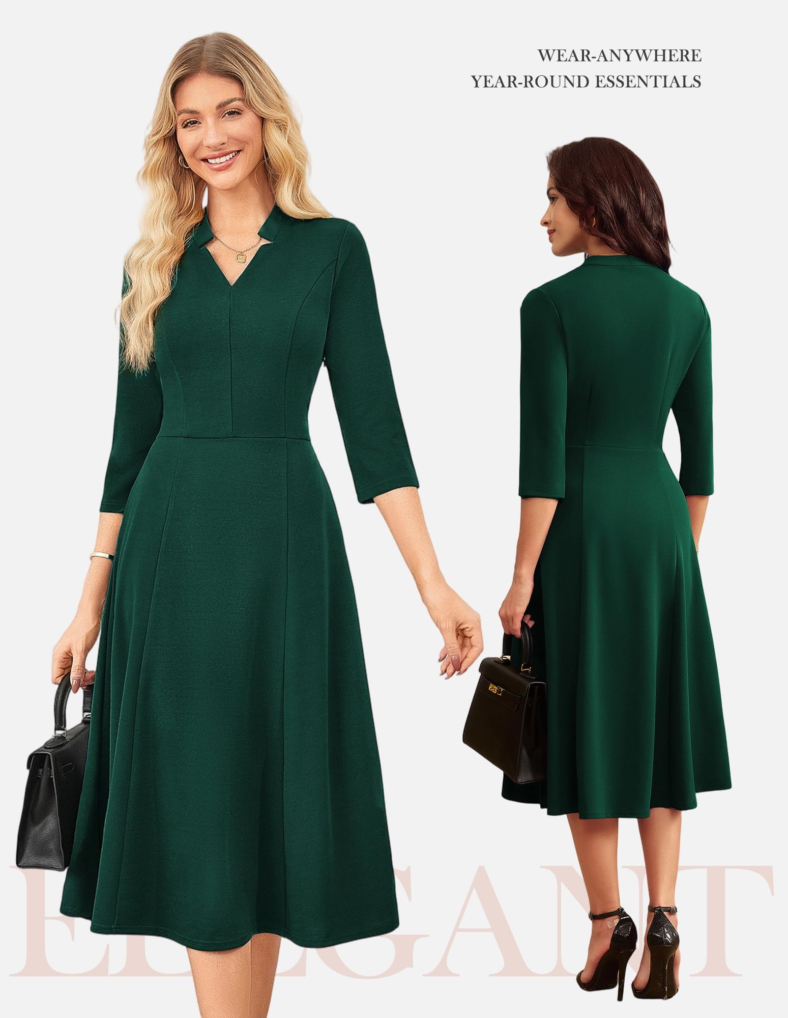 GRACE KARIN Dark Green Gress,Semi Formal Wedding Guest Dresses,3/4 Sleeve Holiday Dress with Pocket S
