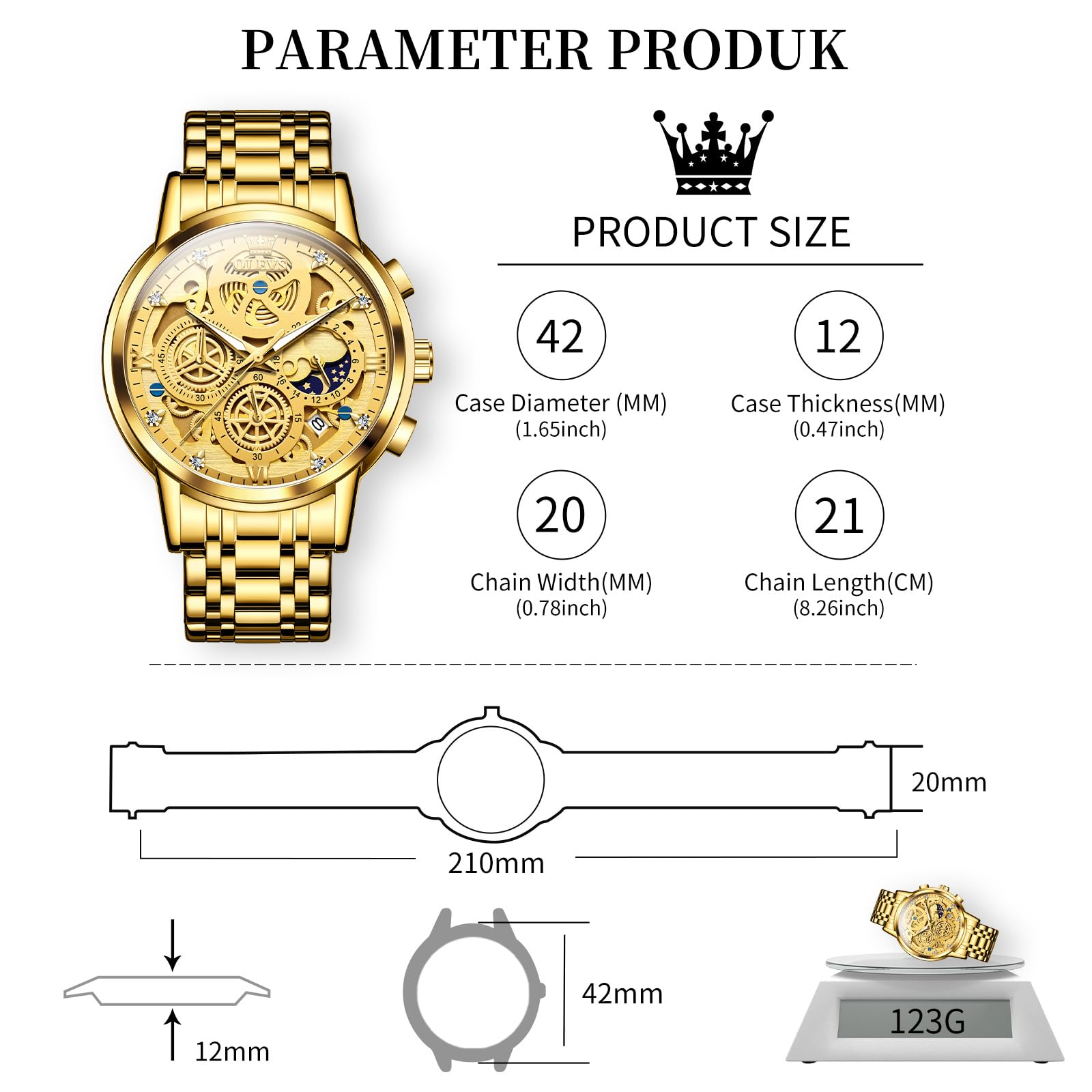 OLEVS Gold Watches for Men Stainless Steel Luxury Diamond Watch Chronograph Multifunction Business Mens Gold Watch with Date Mens Classic Dress Casual Watches Waterproof Sport reloj de hombre Gift for Men