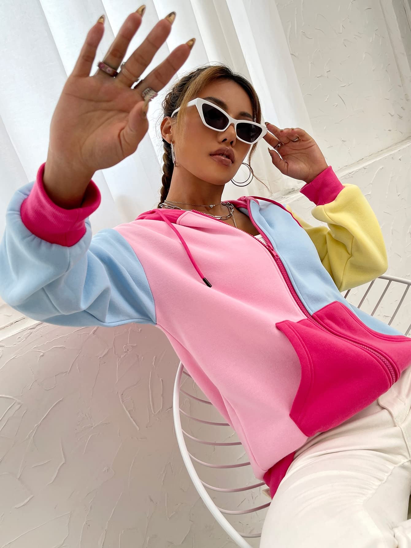 WDIRARA Women's Color Block Zip Front Drawstring Long Sleeve Hoodie Pocket Sweatshirt Multicolor S
