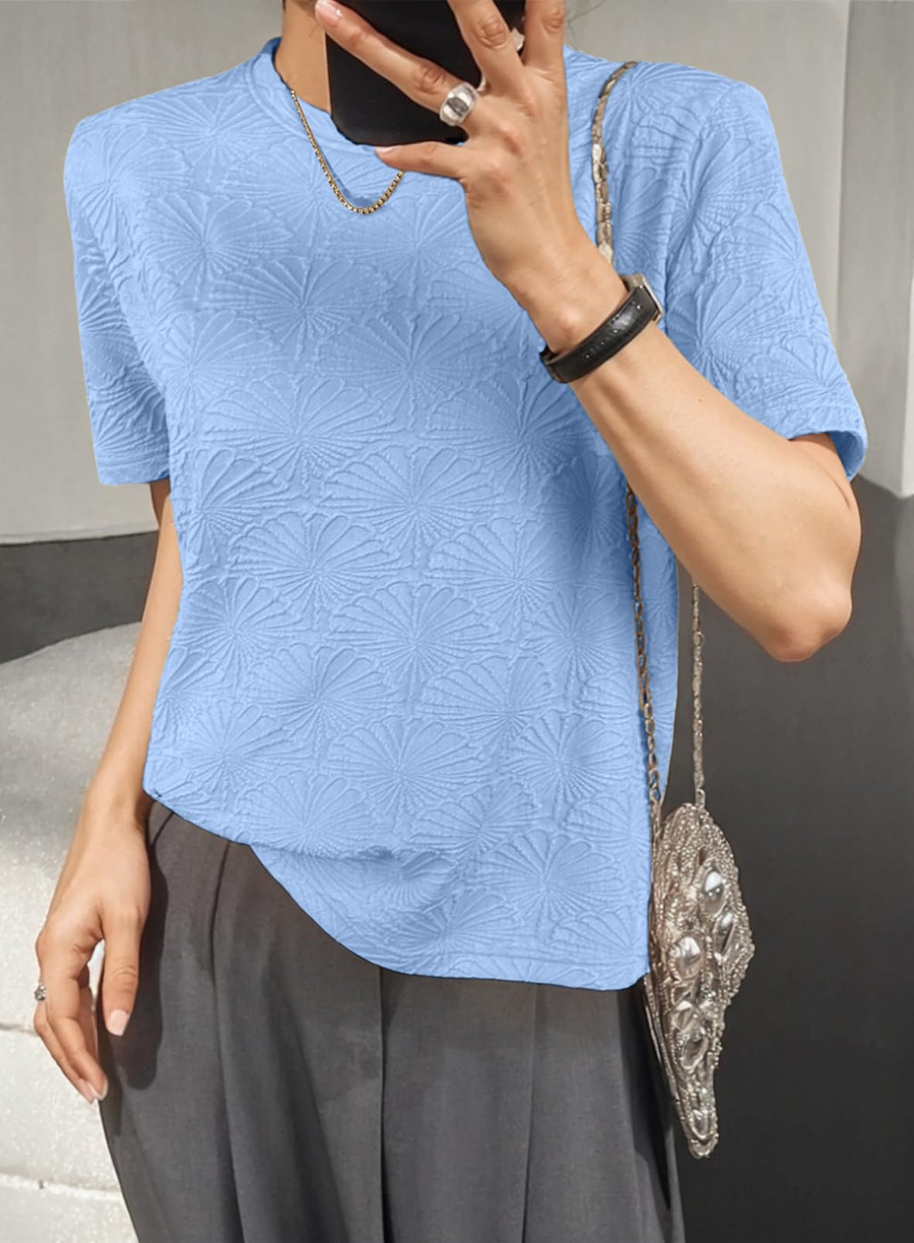 Dokotoo Women's Short Sleeve T Shirts 2026 Fashion Casual Spring Summer Crew Neck Loose Fit Textured Tops Plain Basic Tee Blouses Clothes Blue X-Large