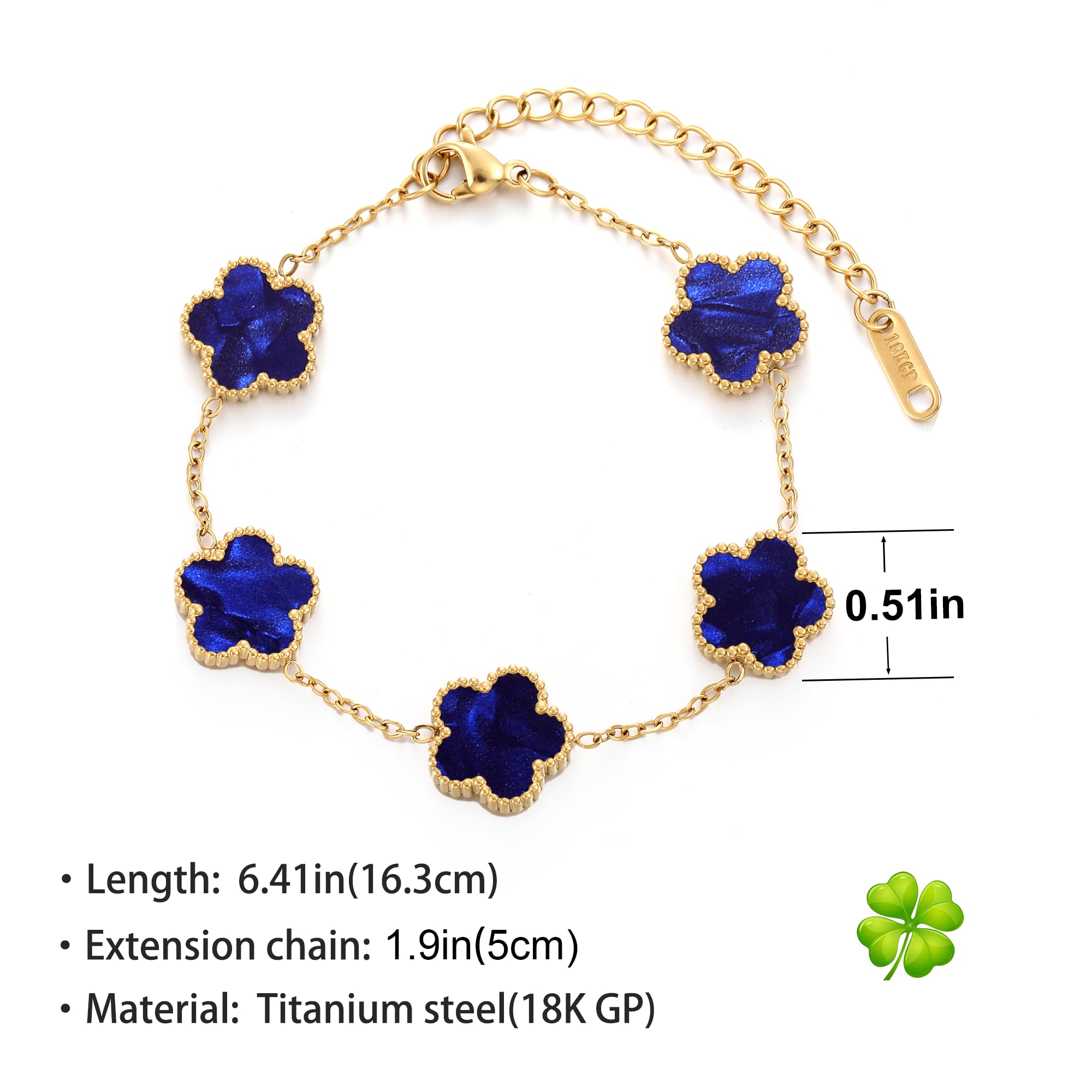 TICVSS Four Leaf Clover Bracelet for Women 18K Gold Plated Stainless Steel Lucky 4 Leaf Gold Link Bracelet Jewelry Gift for Women (Dark blue)