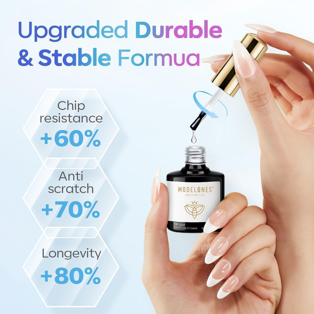 modelones Gel Top Coat, 15ml No Wipe Gel Nail Polish High Gloss Top Coat Shiny Long Lasting Clear Top for Acrylic Nails, Need U V/LED Lamp for Home DIY Gift Winter Valentine's Manicure Salon
