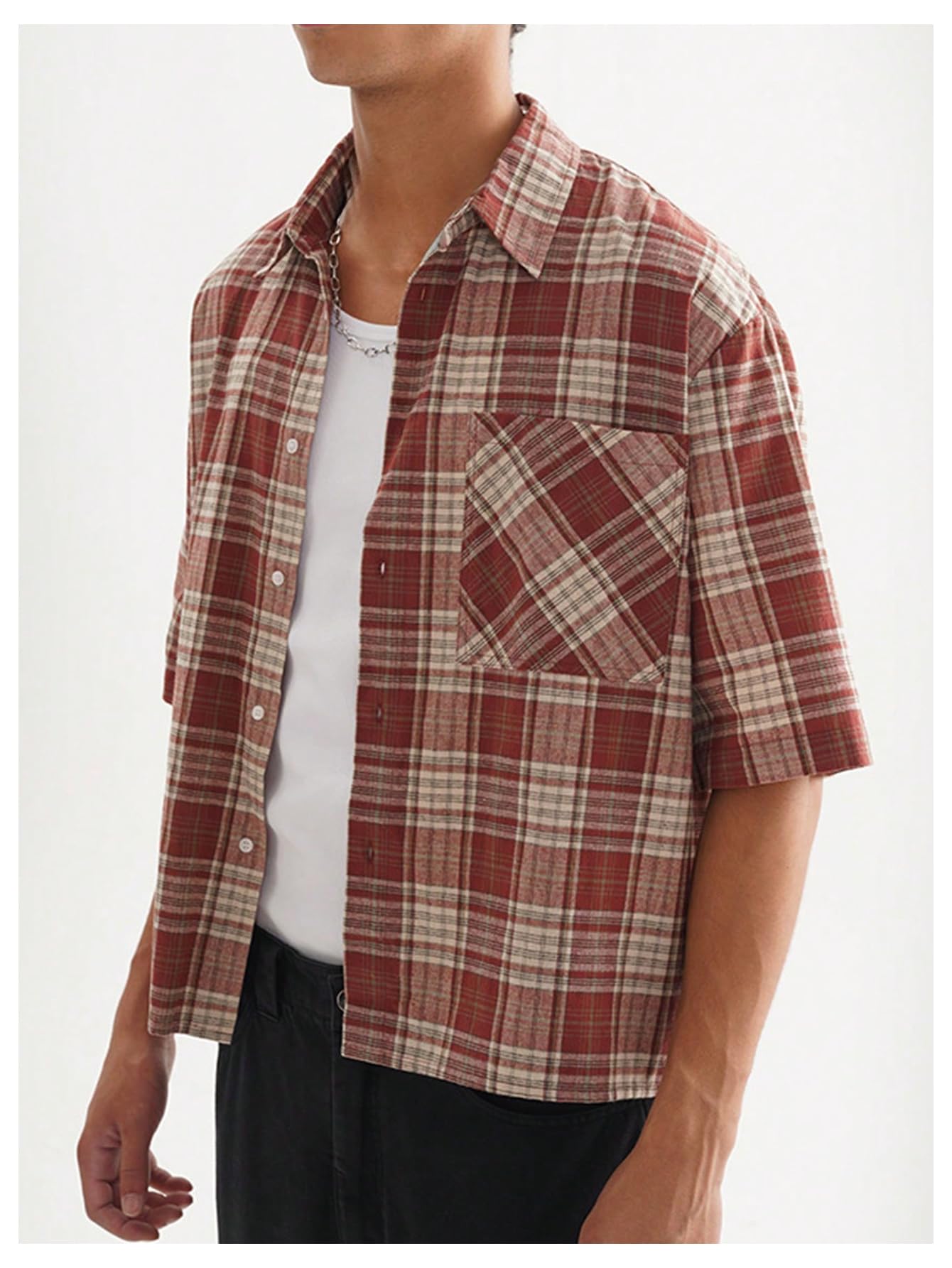 GORGLITTER Men's Gingham Cropped Shirt Plaid Button Up Short Sleeve Checkered Vintage Streetwear Crop Tops Tee Red Large