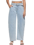 ZPIUO Barrel Jeans for Women - High Waisted Baggy Wide Leg Stretchy Denim Pants with Detachable Belt - Ice Blue Size 14