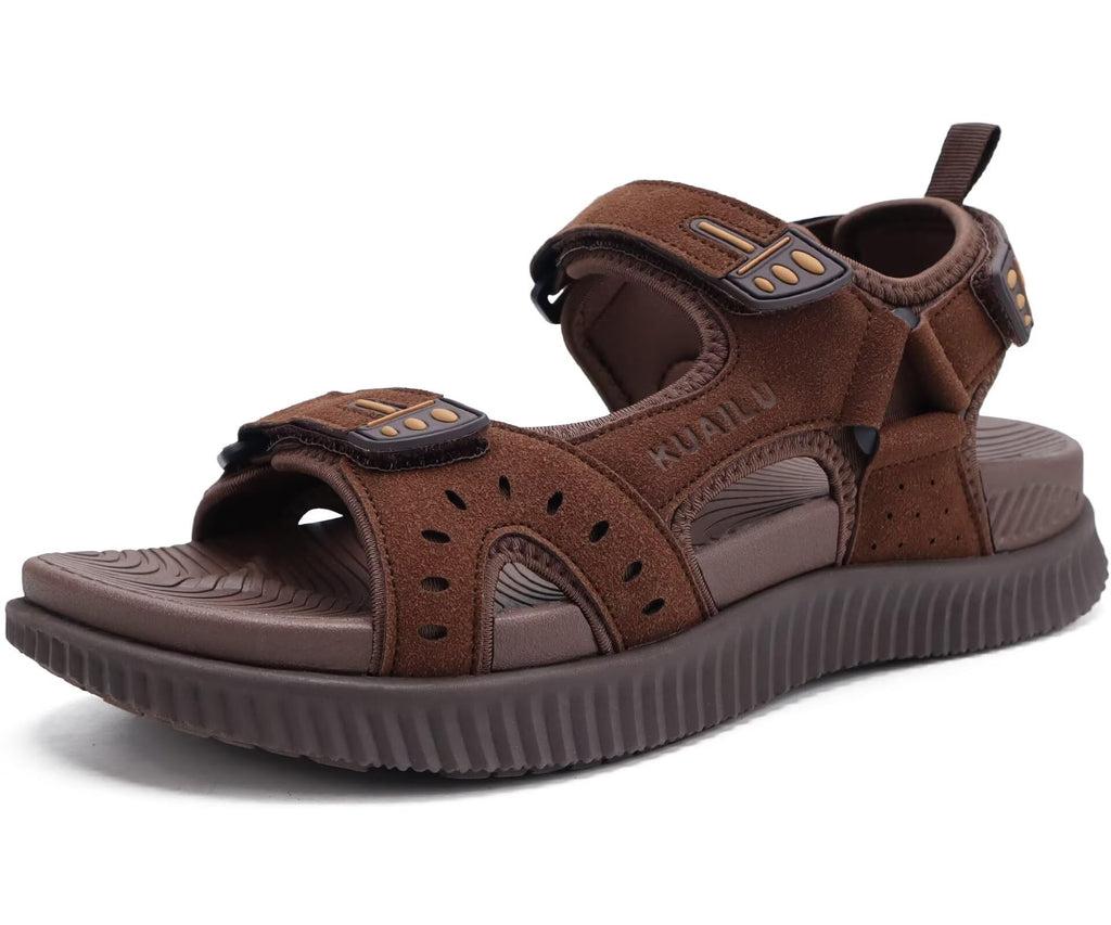 KuaiLu Mens Leather Hiking Sandals With Arch Support Orthopedic Sport Recovery Athletic Walking Sandals For Man Outdoor Summer Casual Thick Cushion Beach Water Fisherman Sandal, size 9 Dark Brown