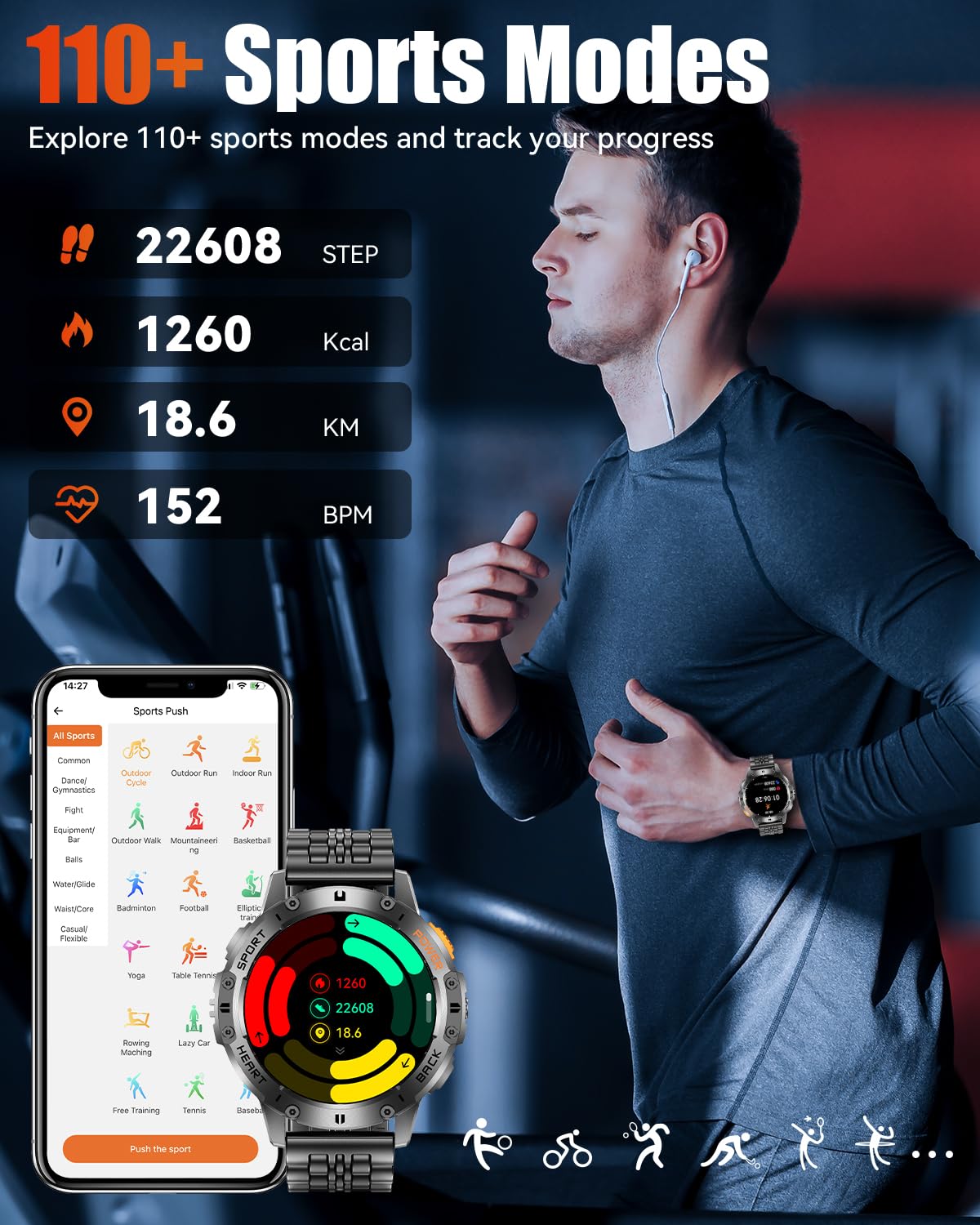 PODOEIL 1.43" AMOLED Smart Watch for Men with Flashlight, Bluetooth Calling, 110+ Sports Modes, IP68 Waterproof Fitness Tracker with 530mAh Battery, Heart Rate/SpO2/Sleep Monitor, Android & iOS