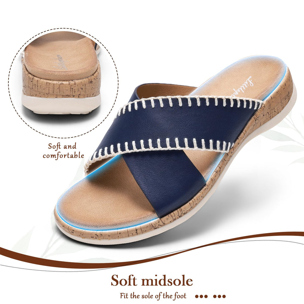 Littleplum Sandals For Women Slip On Arch Support Slides Comfortable Flat Sandals Summer Breathable Adjustable Orthotic Walking Shoes for Beach,Travel Blue Size 7.5