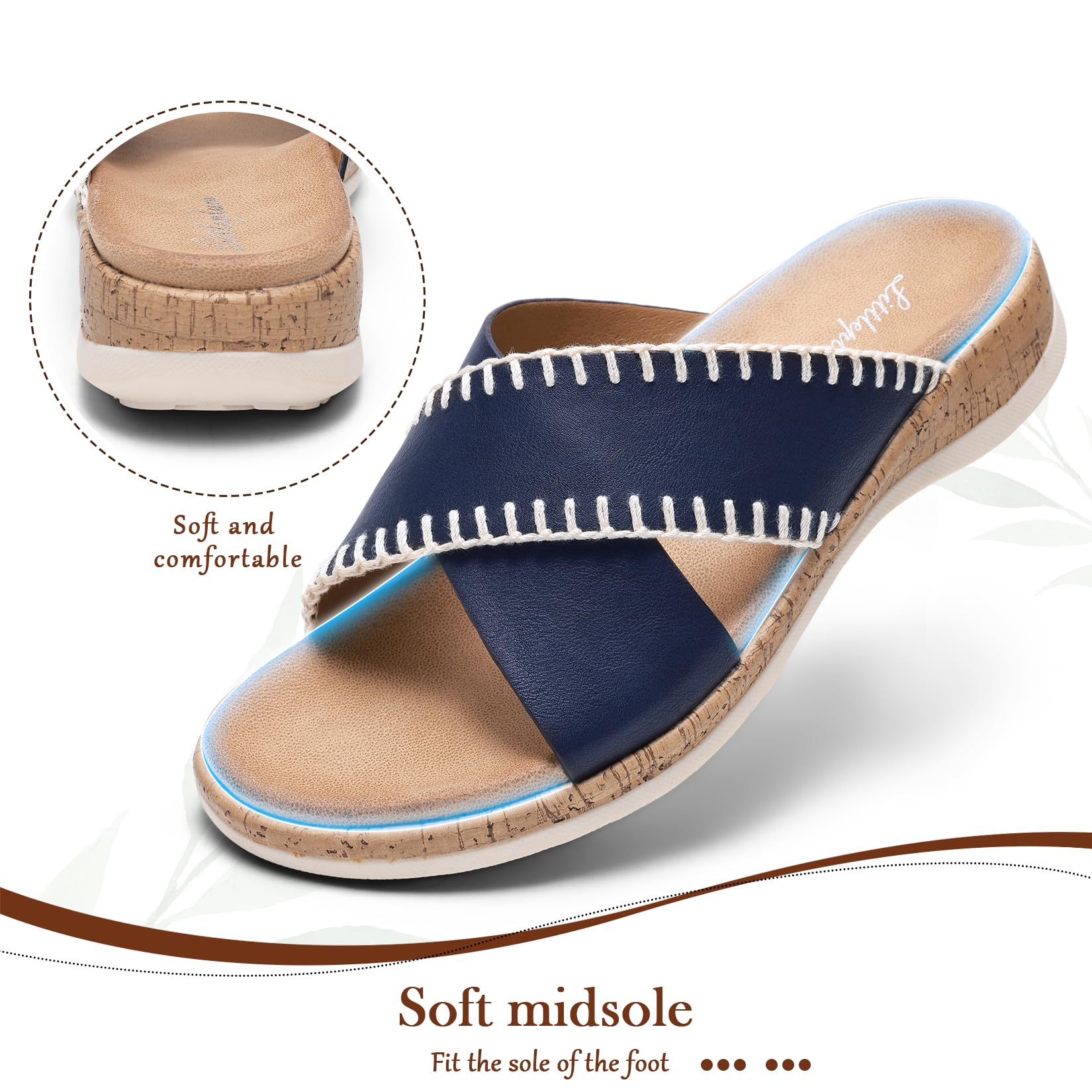 Littleplum Sandals For Women Slip On Arch Support Slides Comfortable Flat Sandals Summer Breathable Adjustable Orthotic Walking Shoes for Beach,Travel Blue Size 7.5