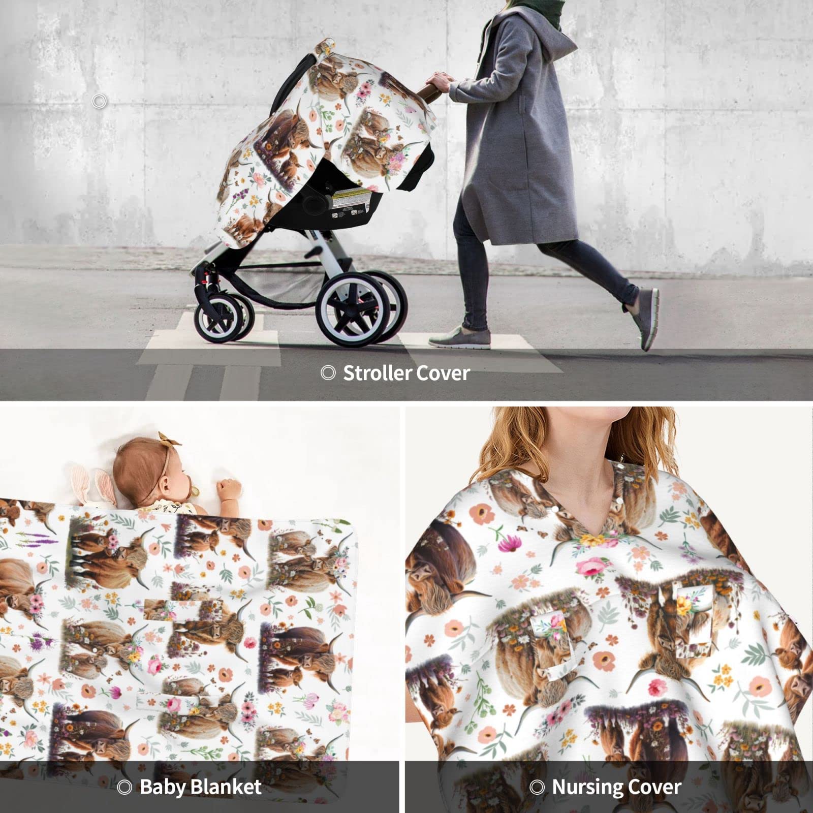 Highland Cow Baby Car Seat Canopy Cover Multi Use Nursing Cover for Newborn Car Seat Canopy Mom Nursing Breastfeeding Covers Newborn Shower Gifts
