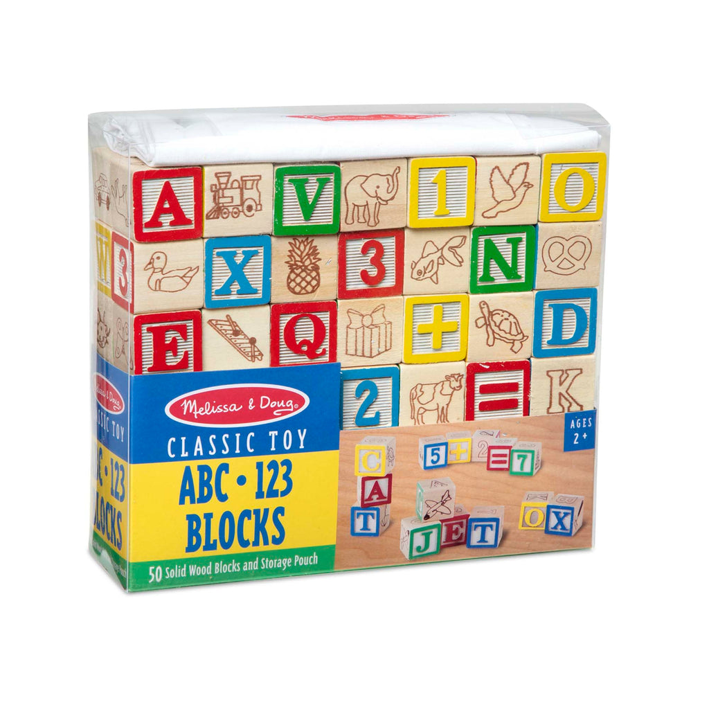 Melissa & Doug Deluxe Wooden ABC/123, 50-Piece Set of Classic Letter & Number Wooden Blocks (1” x 1”) with Storage Pouch, Sorting & Stacking Toys for Kids Ages 2+