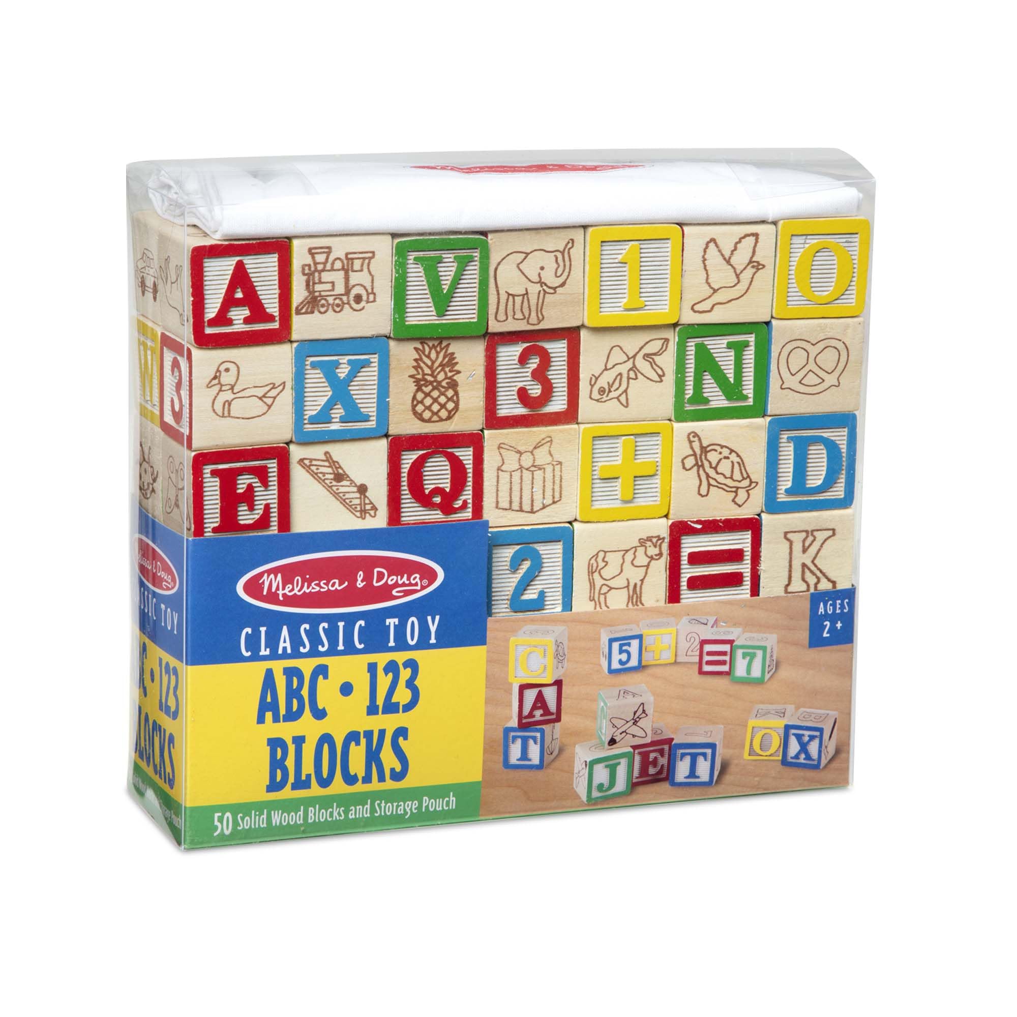Melissa & Doug Deluxe Wooden ABC/123, 50-Piece Set of Classic Letter & Number Wooden Blocks (1” x 1”) with Storage Pouch, Sorting & Stacking Toys for Kids Ages 2+