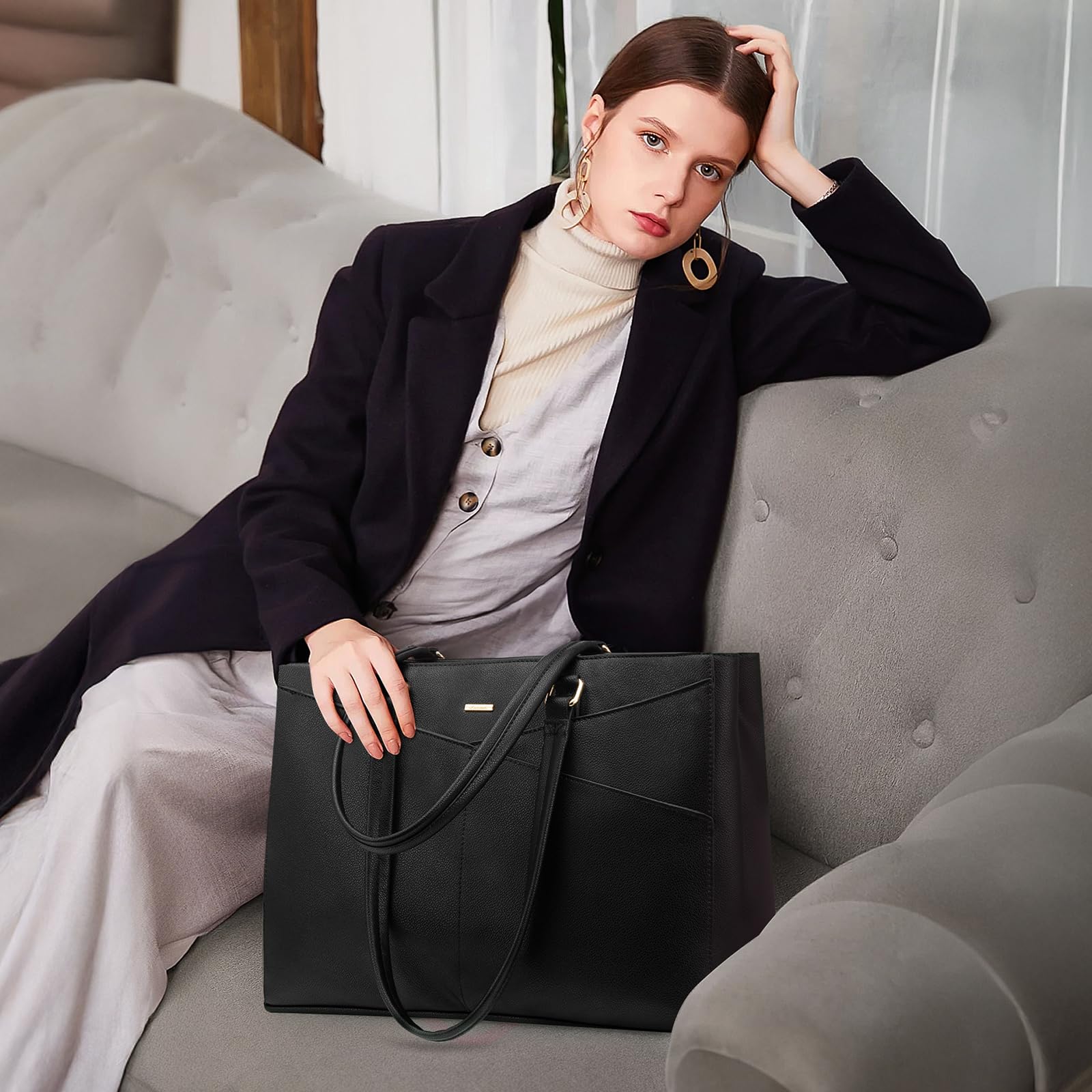 LOVEVOOK Laptop Tote Bag for Women 15.6 Inch Waterproof Leather Computer Bags Business Office Work Briefcase Black