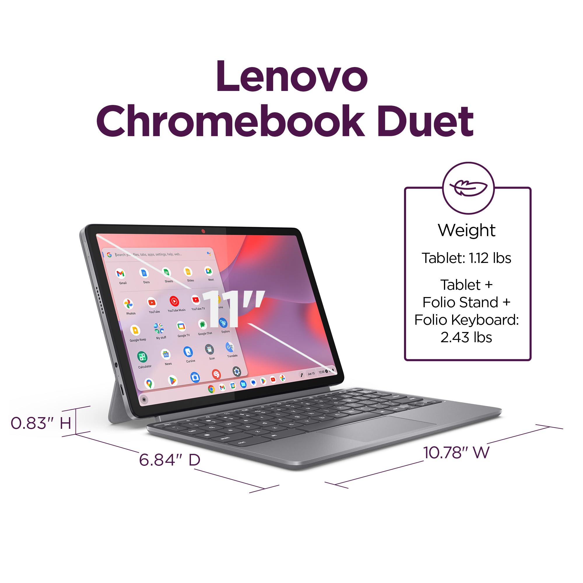 Lenovo Chromebook Duet - 2025 - Convertible Laptop - ChromeOS - 10.95" WUXGA IPS Touch Display - 4GB Memory - 64GB Storage - MediaTek Kompanio 838 - Luna Grey