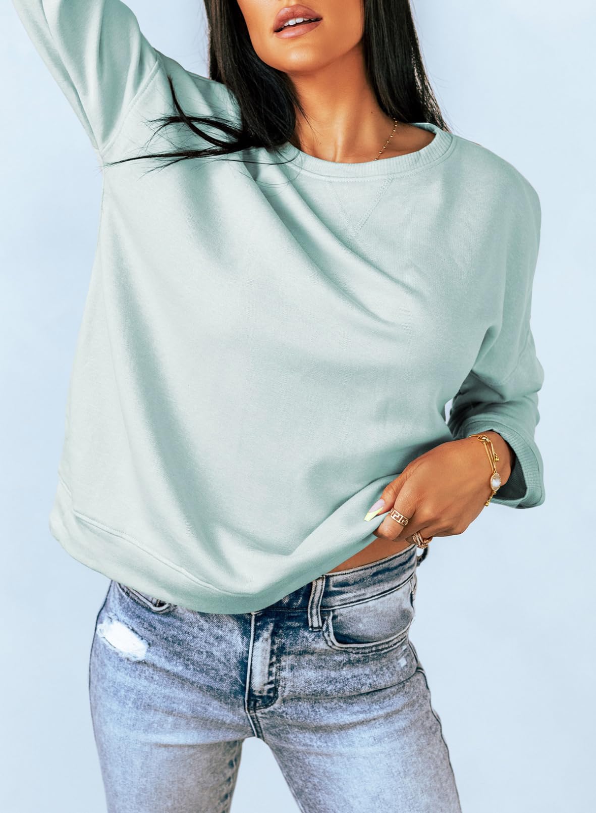 Dokotoo Womens Ladies Casual Long Sleeve Crewneck Sweatshirt Side Split Loose Fit Solid Color Basic Pullover Tunic T Shirts Tops Sweatshirts for Women 2026 Fashion Fall Light Blue Large