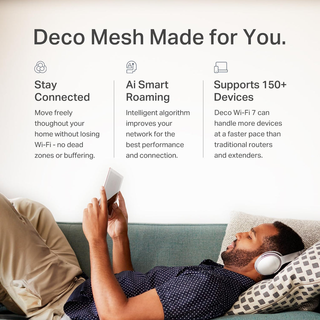 TP-Link Deco 7 BE25 Dual-Band BE5000 WiFi 7 Mesh Wi-Fi System | 4-Stream 5 Gbps, 240 Mhz | Covers up to 6,600 Sq.Ft | 2X 2.5G Ports Wired Backhaul | VPN,MLO, AI-Roaming, HomeShield, 3-Pack