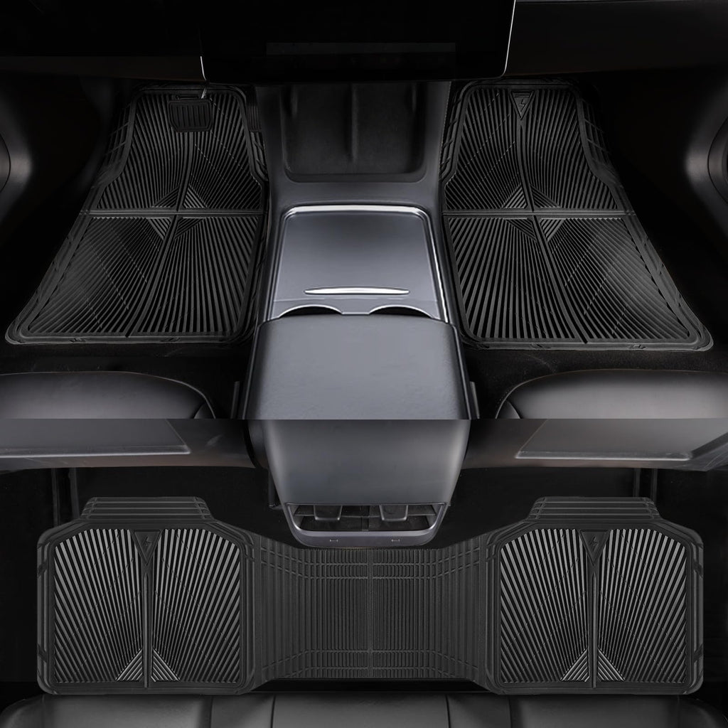 CAR PASS Rubber Floor Mats, All Weather Waterproof Trim-to-Fit Automotive Mats for Cars Trucks SUV, Anti-Slip Easy Clean, Heavy Duty Full Set 3-Piece, All Black