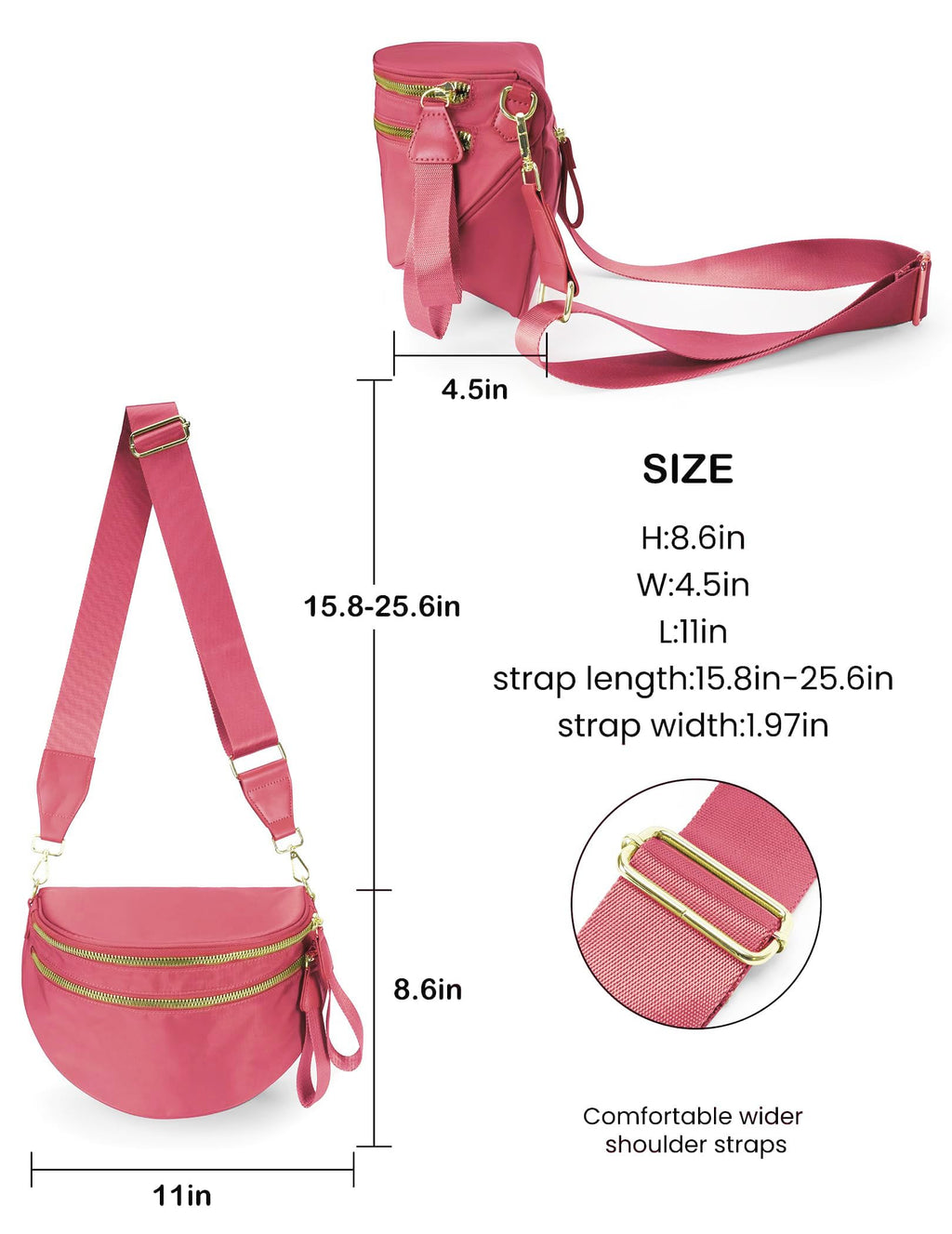 FEIBOON Spacious Nylon Crossbody Bag Bum Bag Handbags Wallets Purses Trendy Shoulder Bag for Women (watermelon red)