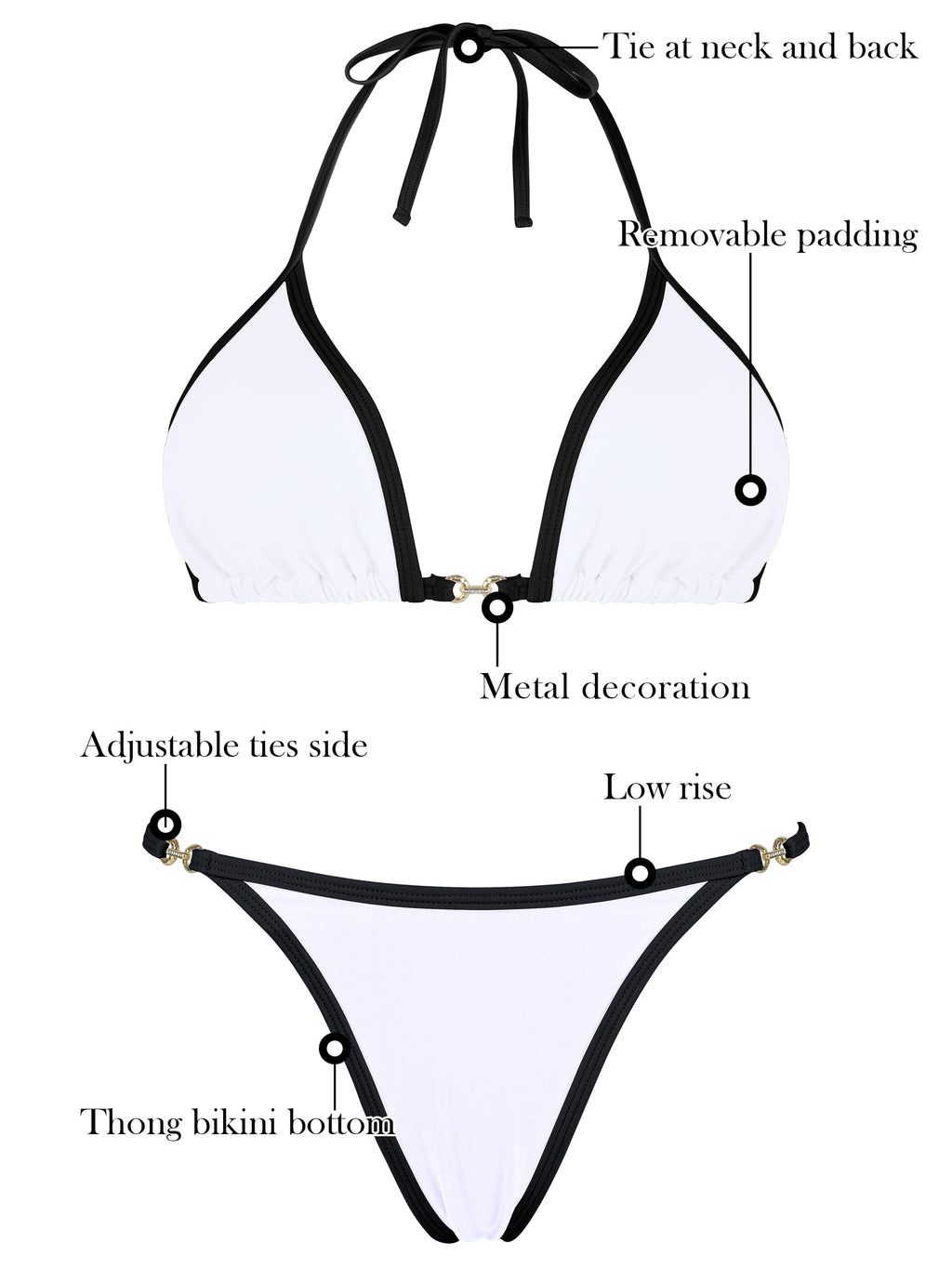RELLECIGA Women's Thong Bikini Set Triangle Halter Brazilian Two Piece Swimsuit(White,Large