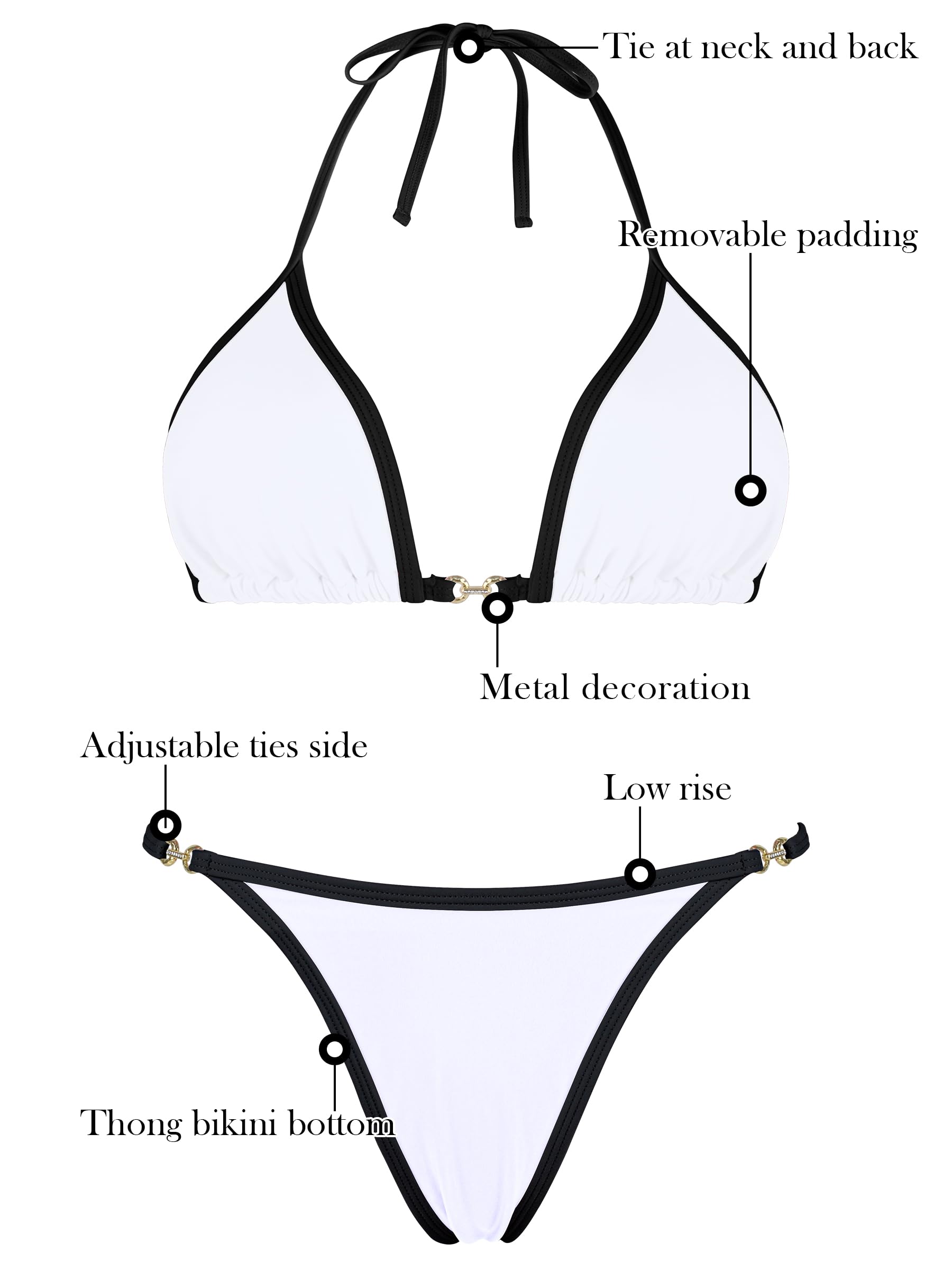RELLECIGA Women's Thong Bikini Set Triangle Halter Brazilian Two Piece Swimsuit(White,Large