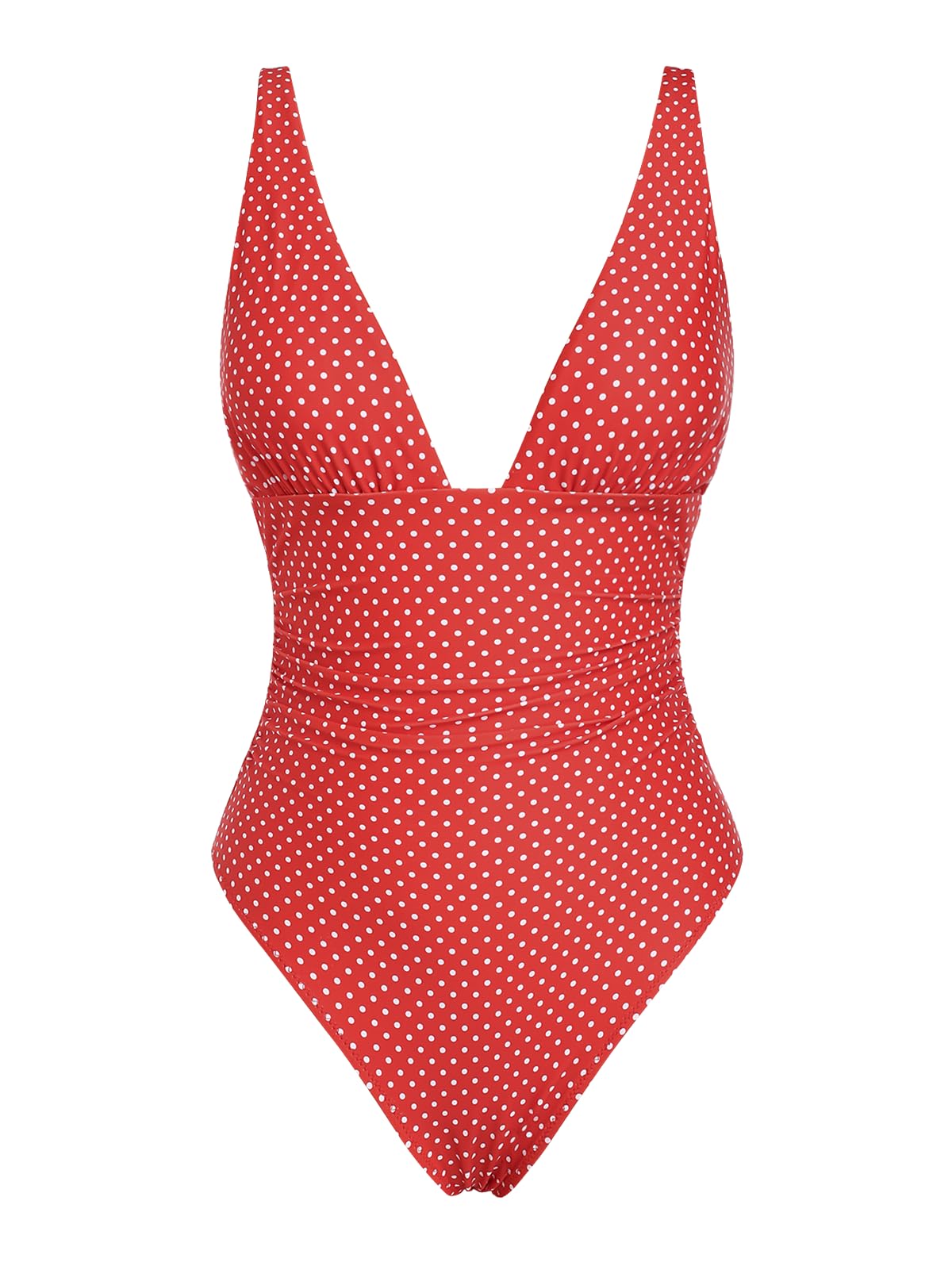 seamoly Red Polka Dot Print Plunging Neck One-Piece Swimsuit Red XS