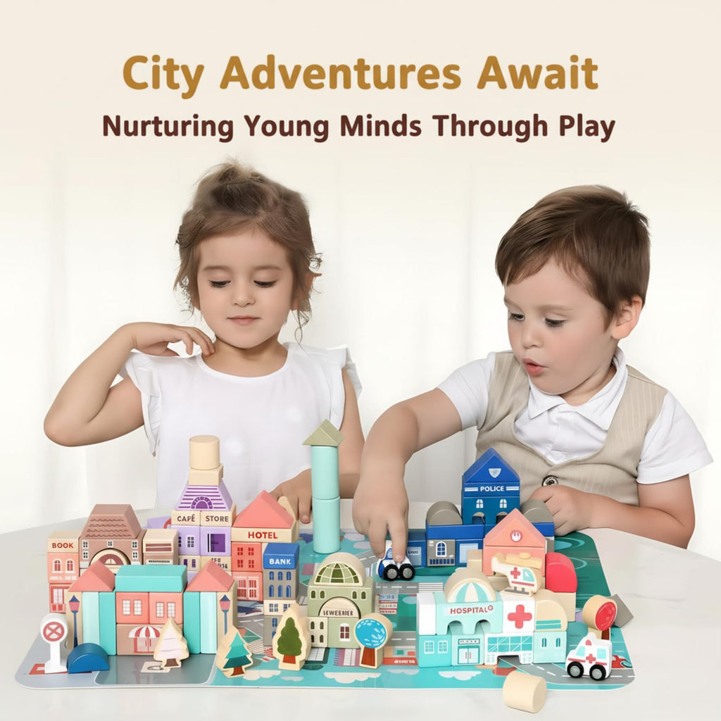 Migargle Wooden Building Blocks Set, City Construction Stacker Stacking Preschool Learning Educational Toys, Toddler Toys for 3+ Year Old Boy and Girl Gifts