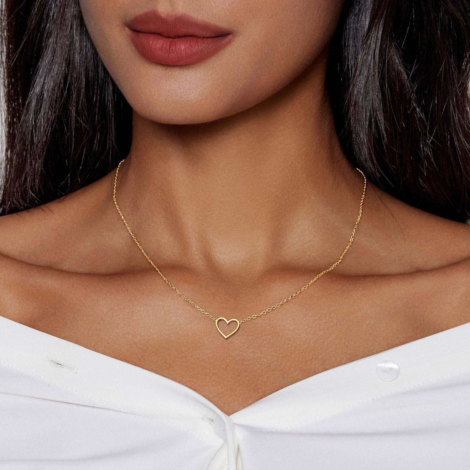 Zeffy Heart Necklace for Women - Dainty 14K Gold Plated Cute Open Heart Pendant Necklaces Simple Gold Choker Necklace Trendy Gold Jewelry for Women Valentines Day Gifts