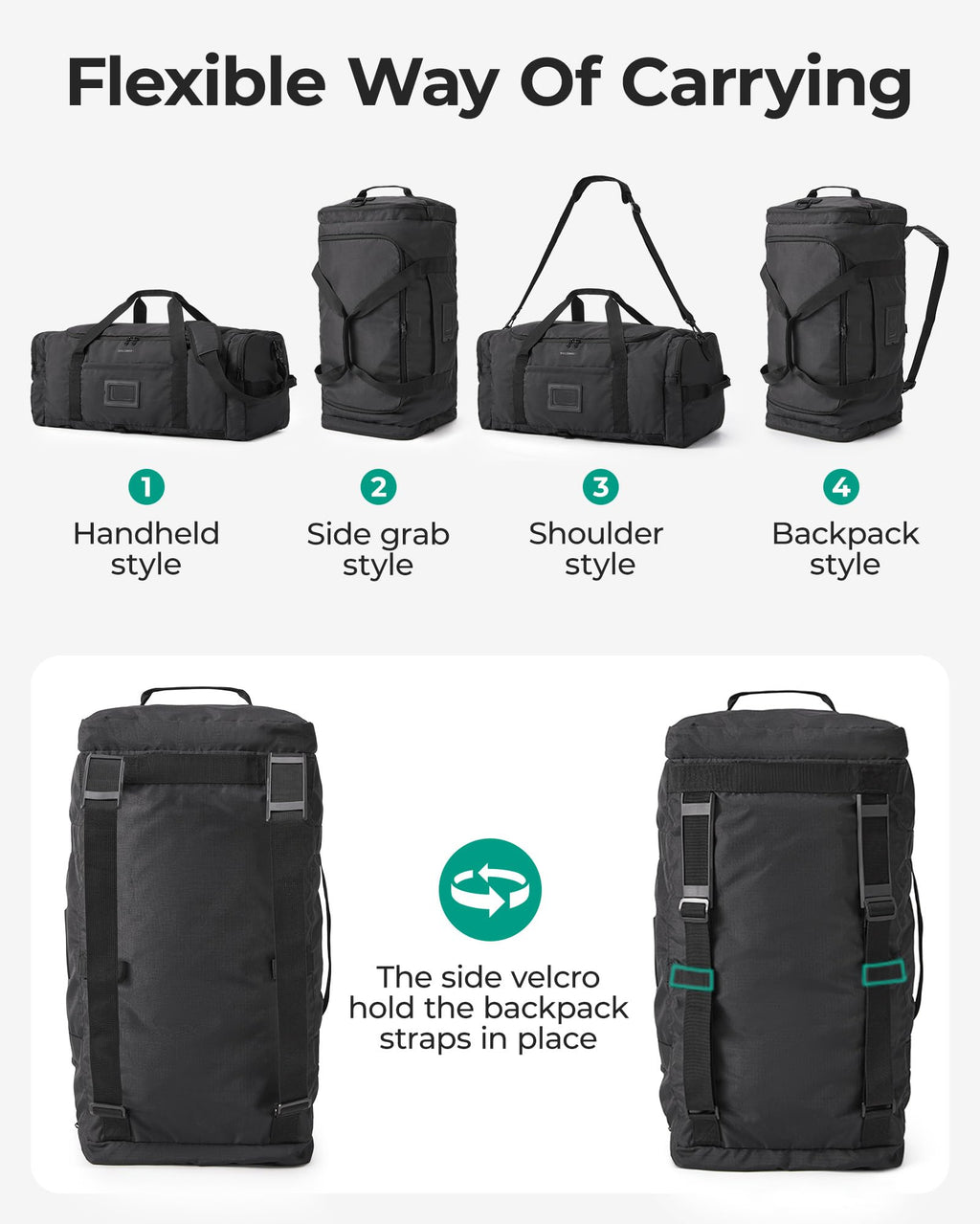 BAGSAMRT 60L Foldable Duffle Bag for Travel, Large Travel Duffel Bag for Men, 4 in 1 Travel Backpack, Carry on Weekender Bag, Black