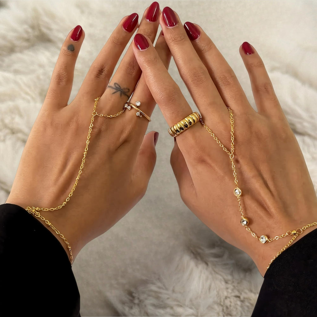3PCS 14K Gold-Plated Hand Chain Bracelets for Women, Stack Bracelets Set Adjustable, Dainty Ring Bracelet Hand Chain