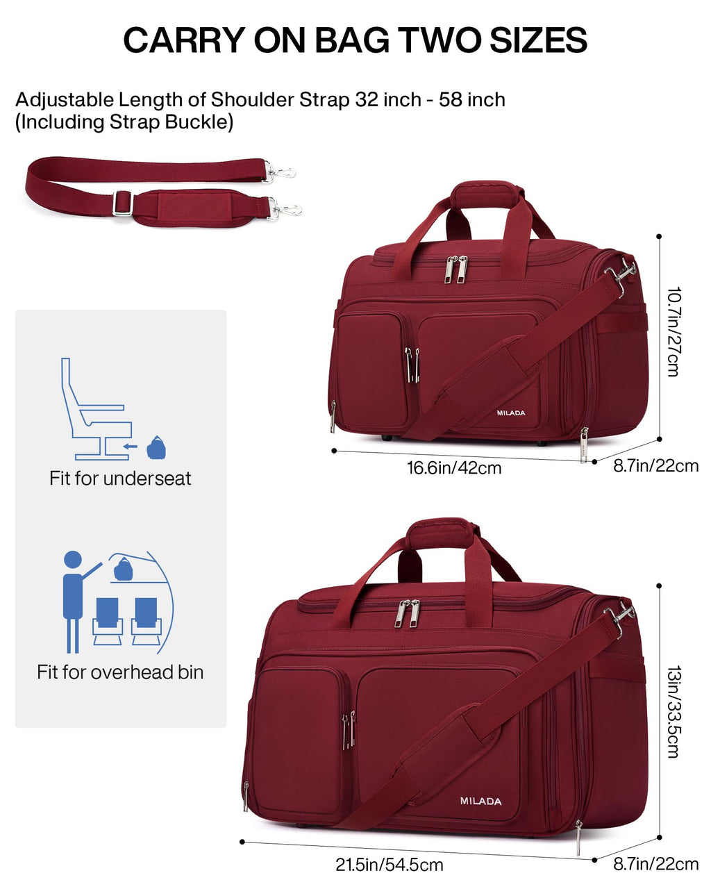 MILADA Underseat Carry On Luggage Bags for Travel Lightweight Foldable Carry On Bags for Airplanes Small Duffle Bag for Men Women TSA Approved Underseat Bag Travel Tote Bags, Burgundy
